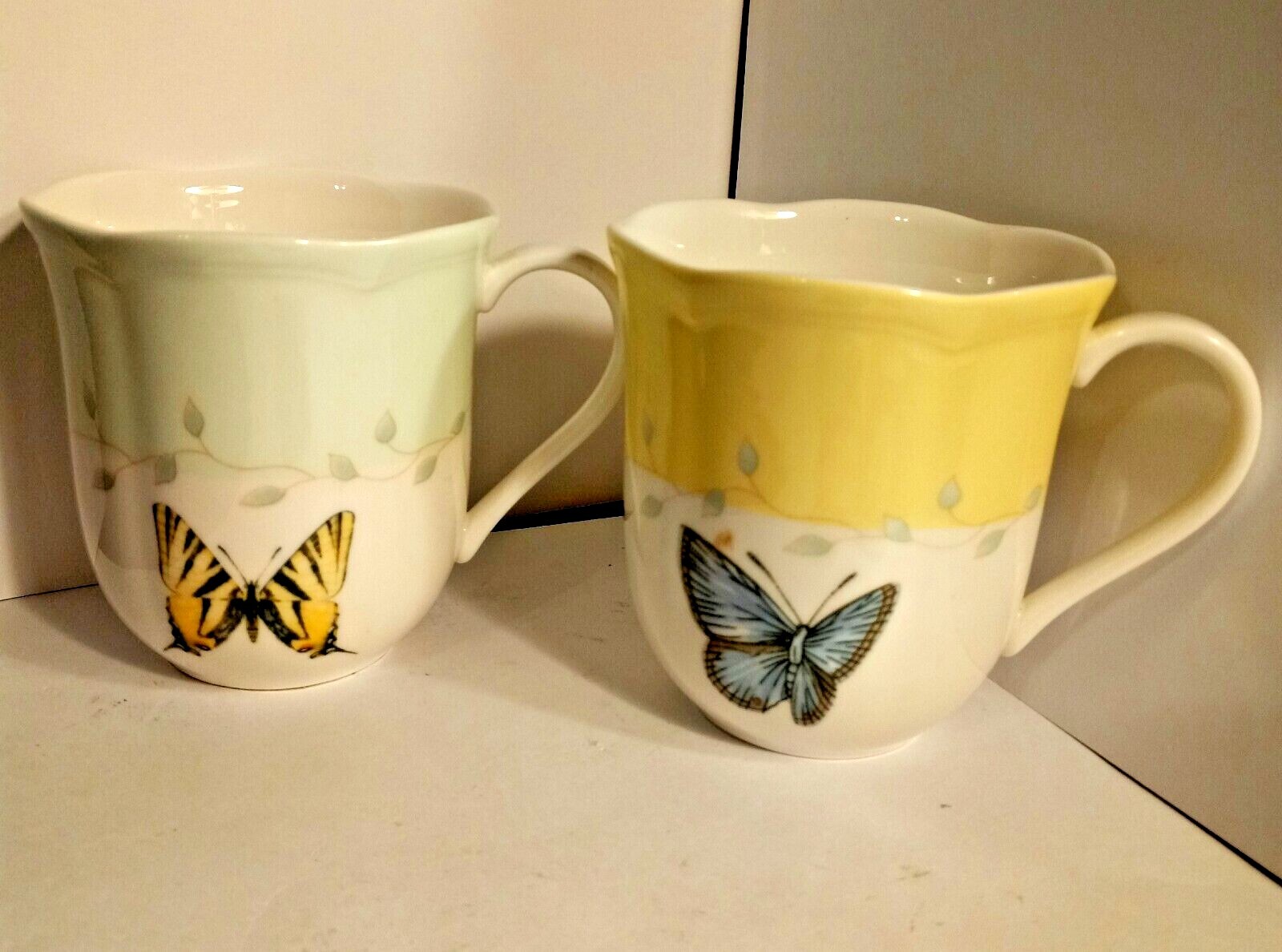 Pair of Lenox Scalloped Butterfly Meadow Porcelain Coffee Cups Mugs