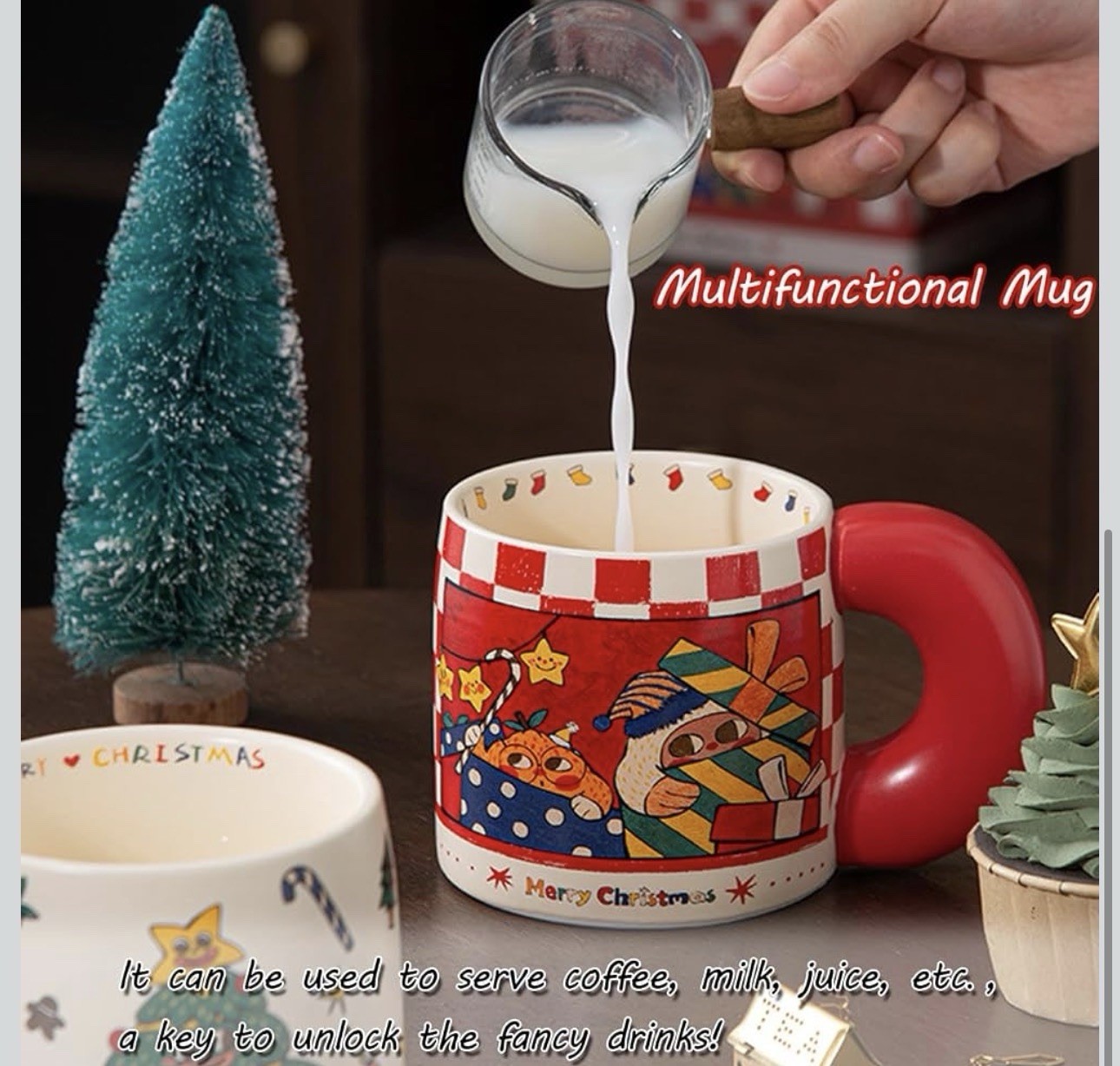 New Merry Christmas Tree Santa Coffee Tea Mug Justup Large Handle Folk