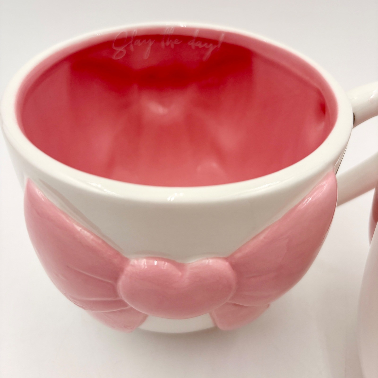 Slay The Day Pink Bow Heart Ceramic Coffee Mugs Set of 2 White Pink Hand Painted