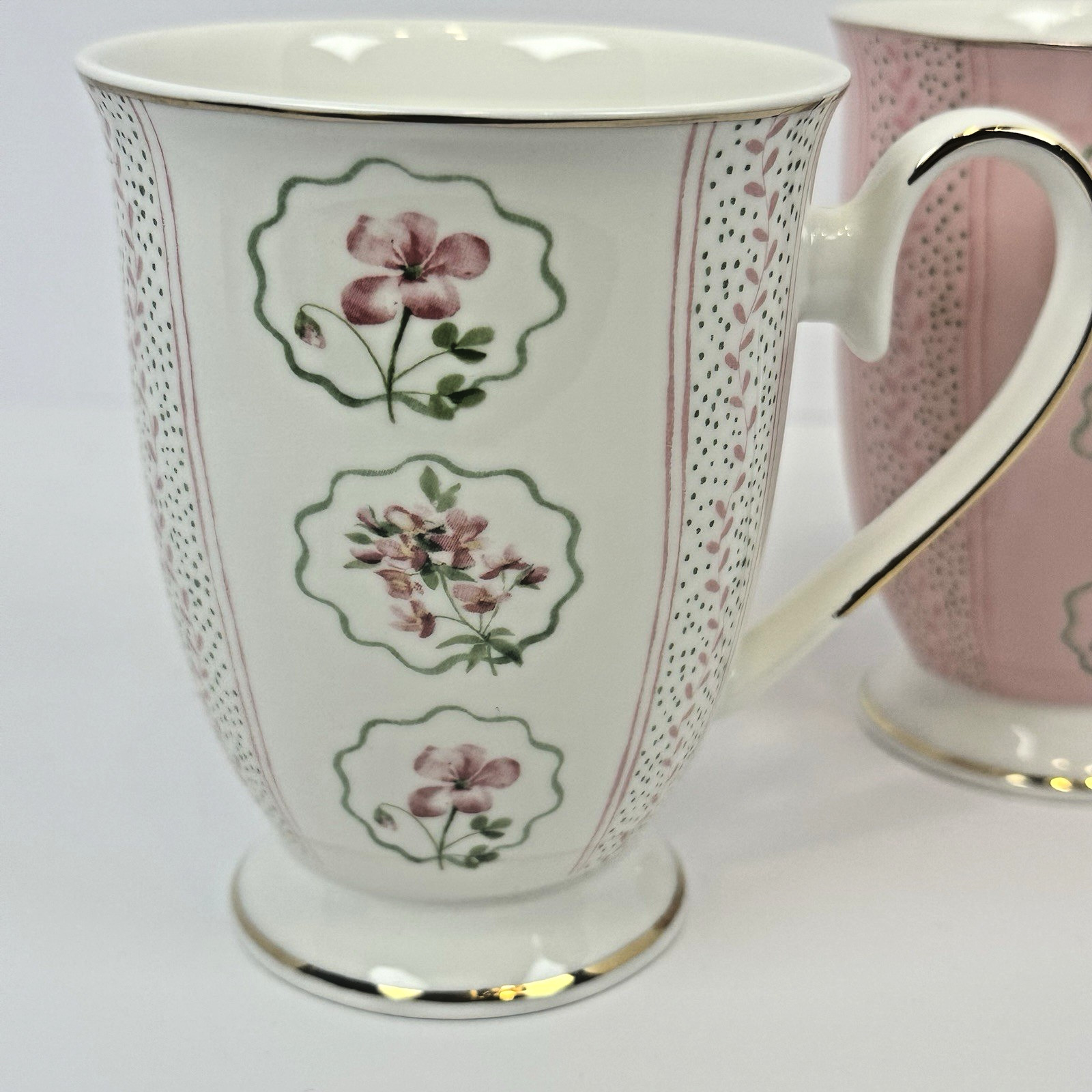 Park Chateau Floral Porcelain Mug Set Pink Ivory Gold Trim Cottagecore 2 Piece