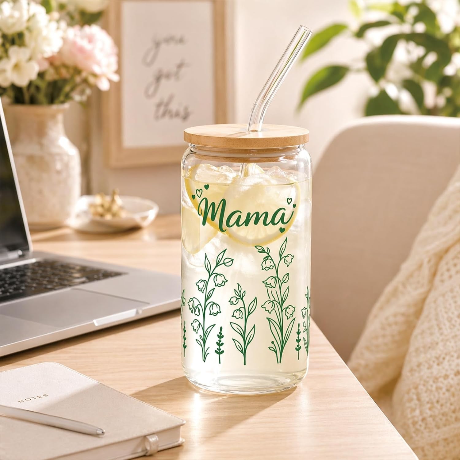 Mama for Mom – 16oz Floral Iced Coffee Cup with Lid and Straw – Cute Birthday