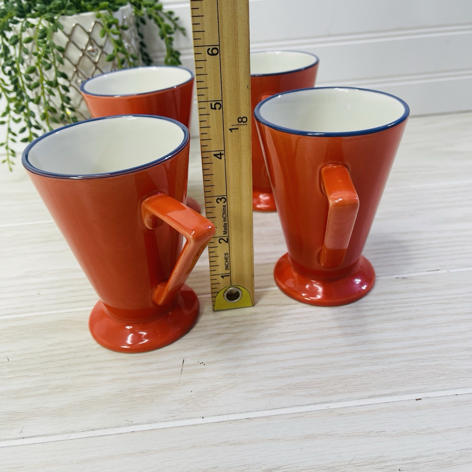 4 Pier 1 Angleterre Mugs Cups England Art Deco Style Ceramic Orange