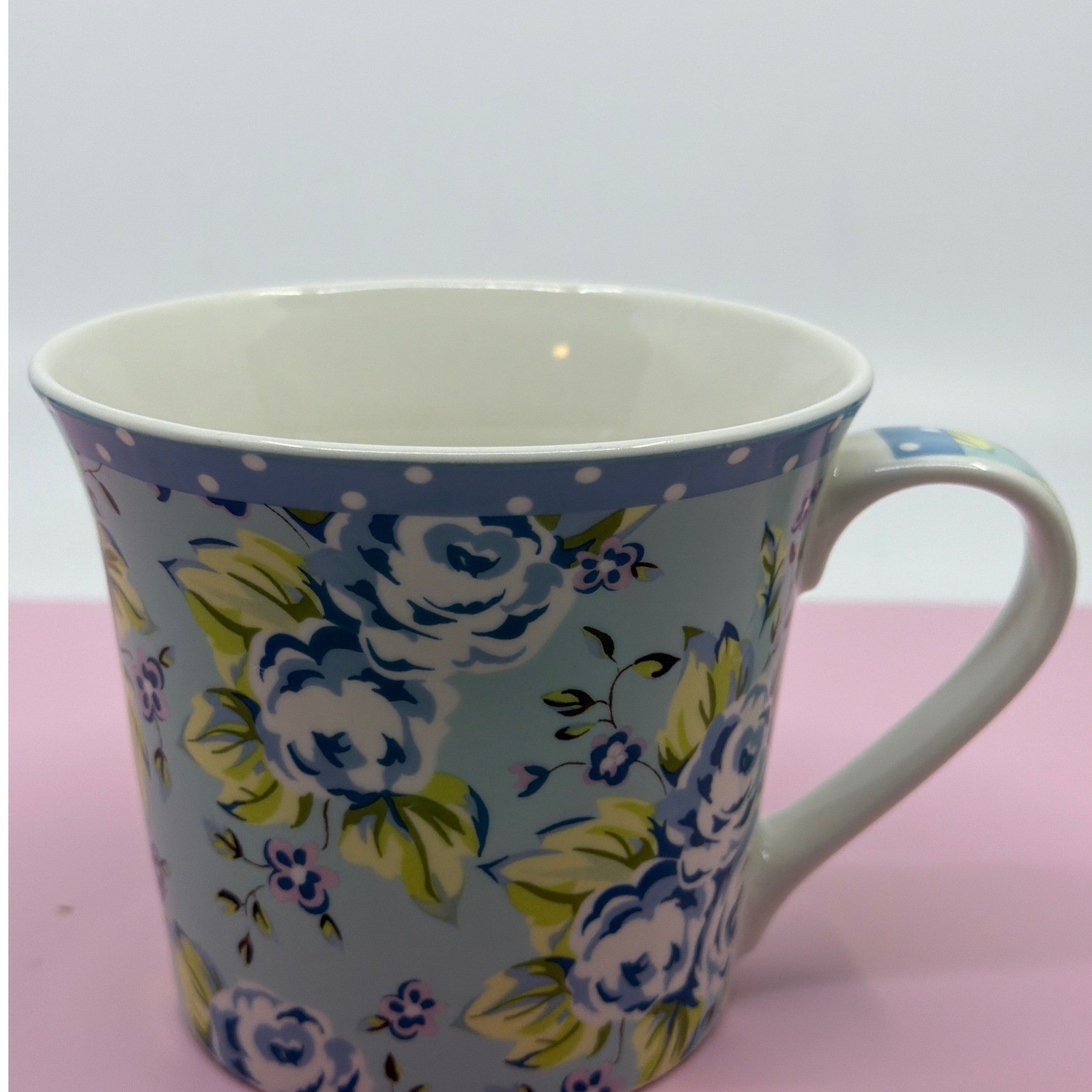 Pier 1 Imports Blue Floral Fine China Mug Polka Dot Rim Shabby Chic