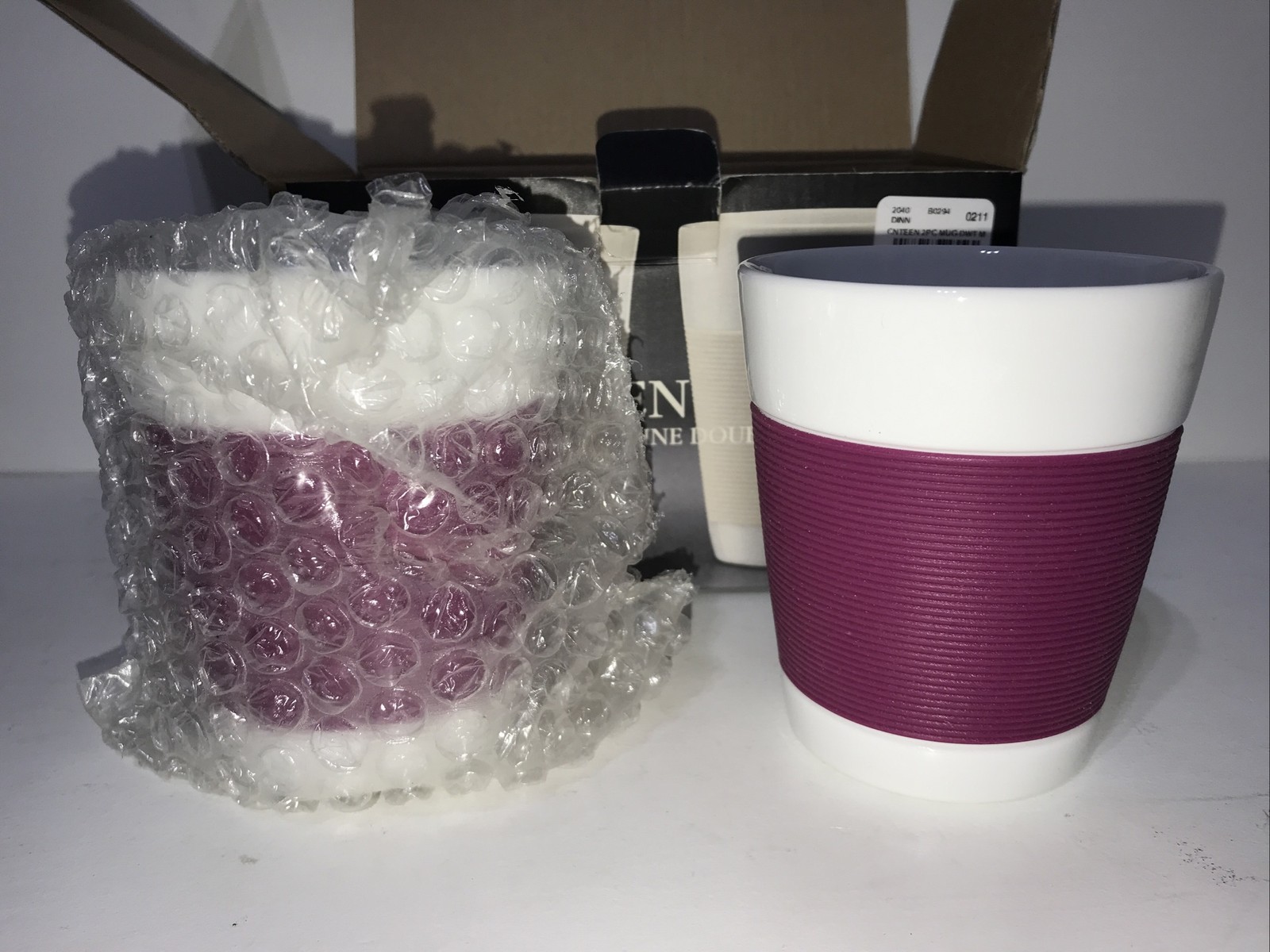 Set Of 2 BODUM Canteen DK Pink 6oz Double Wall Porcelain Mugs w/ Silicone Sleeve