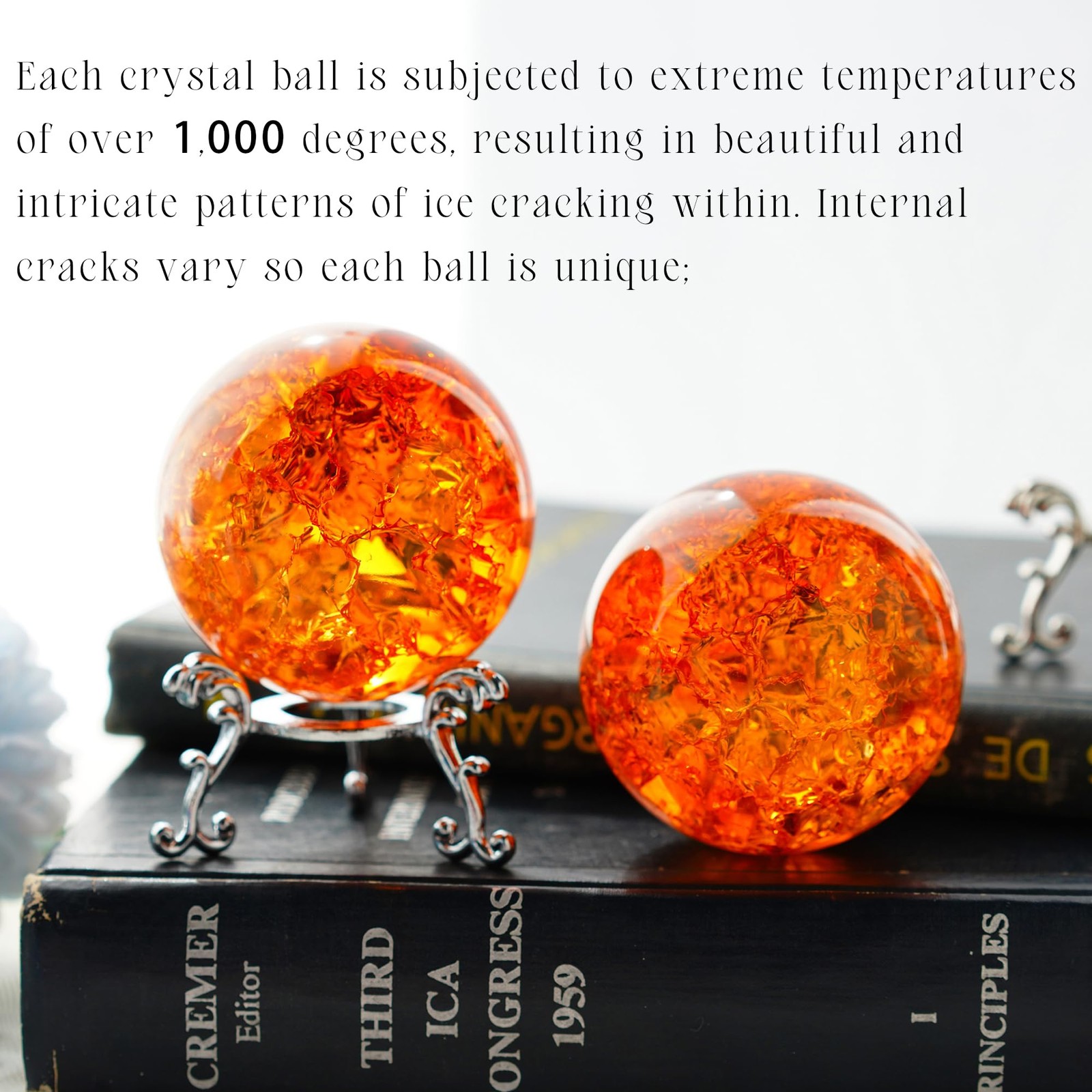 2.3” Amber Ice Cracked Ball Crystal Ball, Fengshui Paperweight Glass Ball