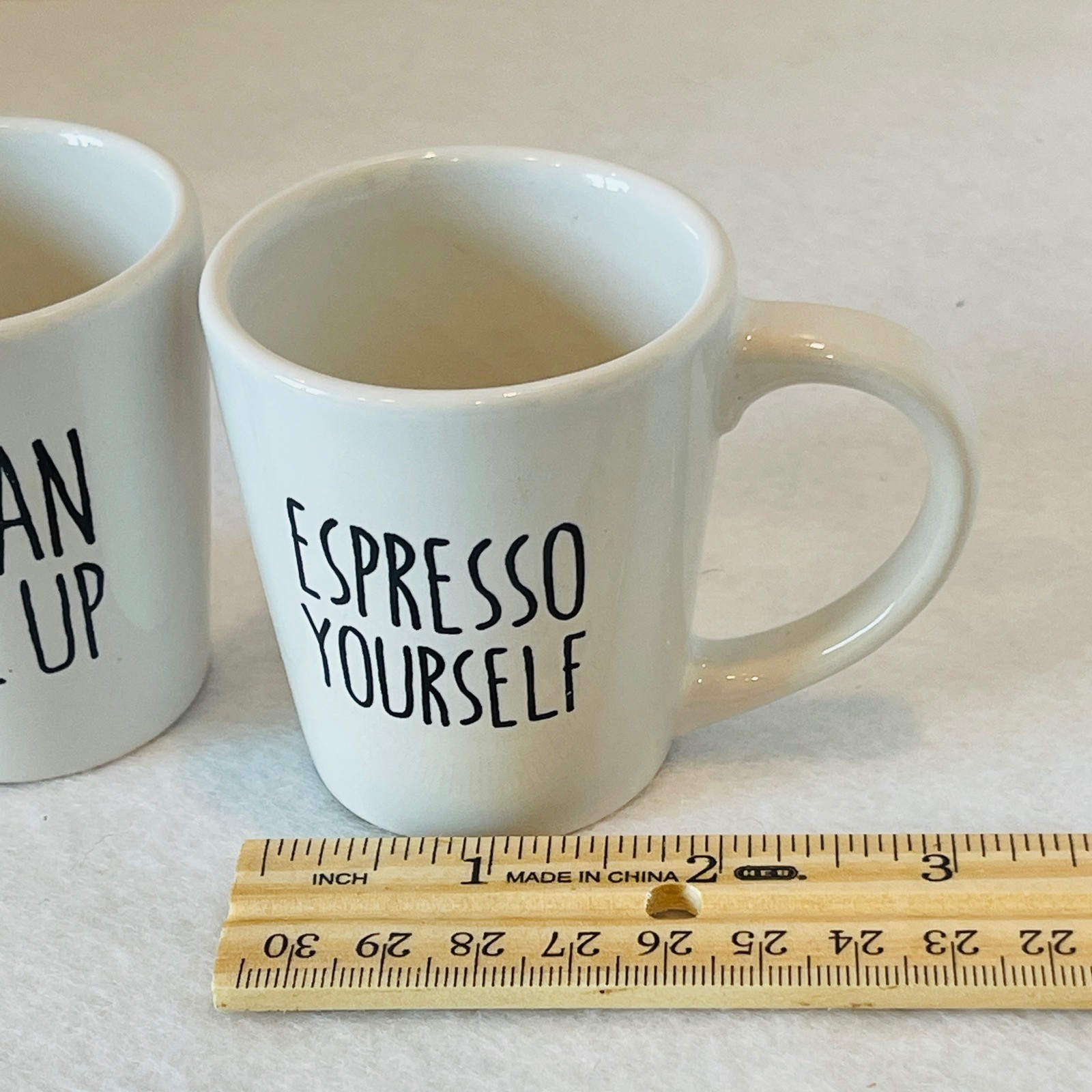 PMI Stoneware Espresso Mugs Set of 2 Bean Me Up Espresso Yourself White 3oz