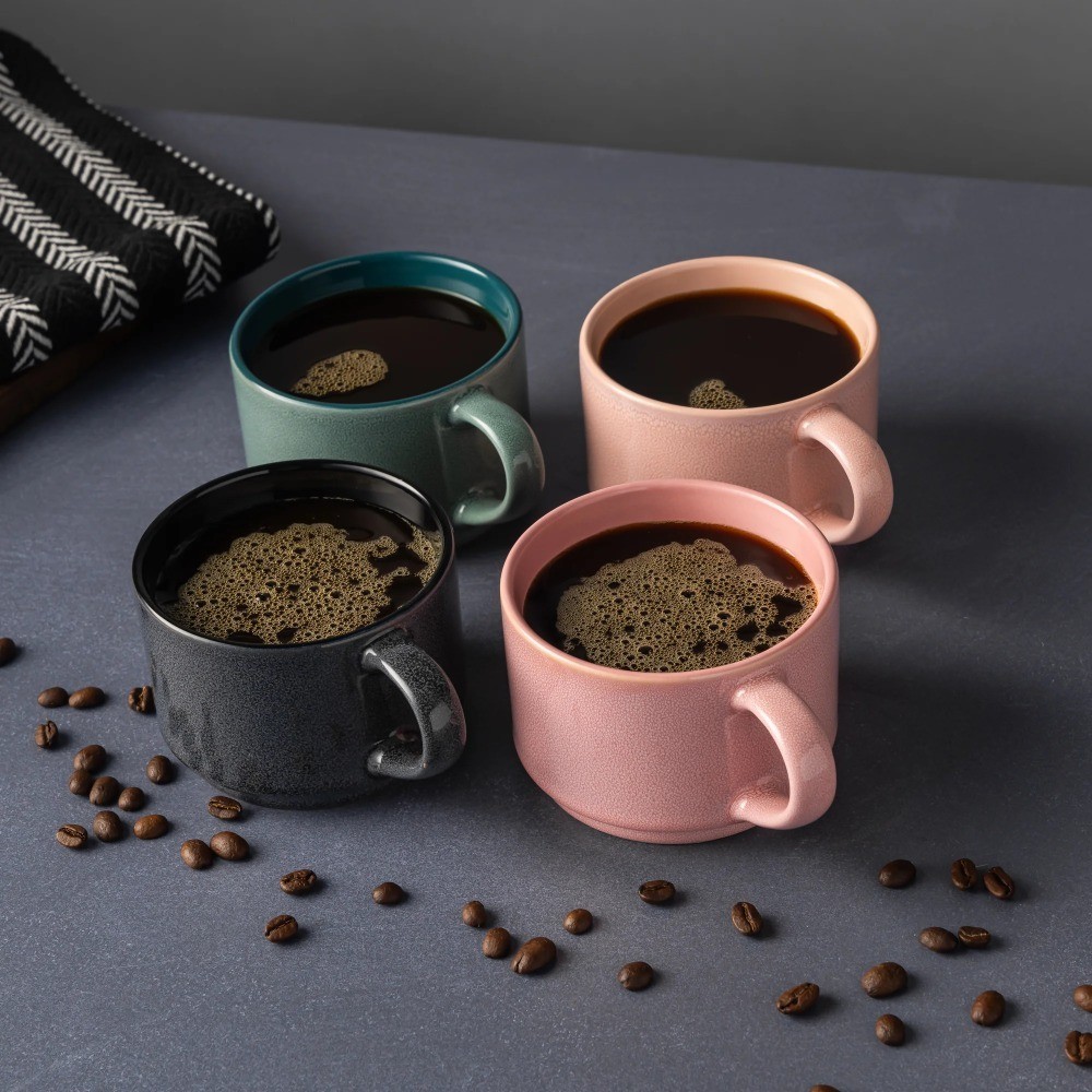 Stacking Stoneware Mugs Set of 4 Reactive Glaze 11.1 oz Coffee Cups