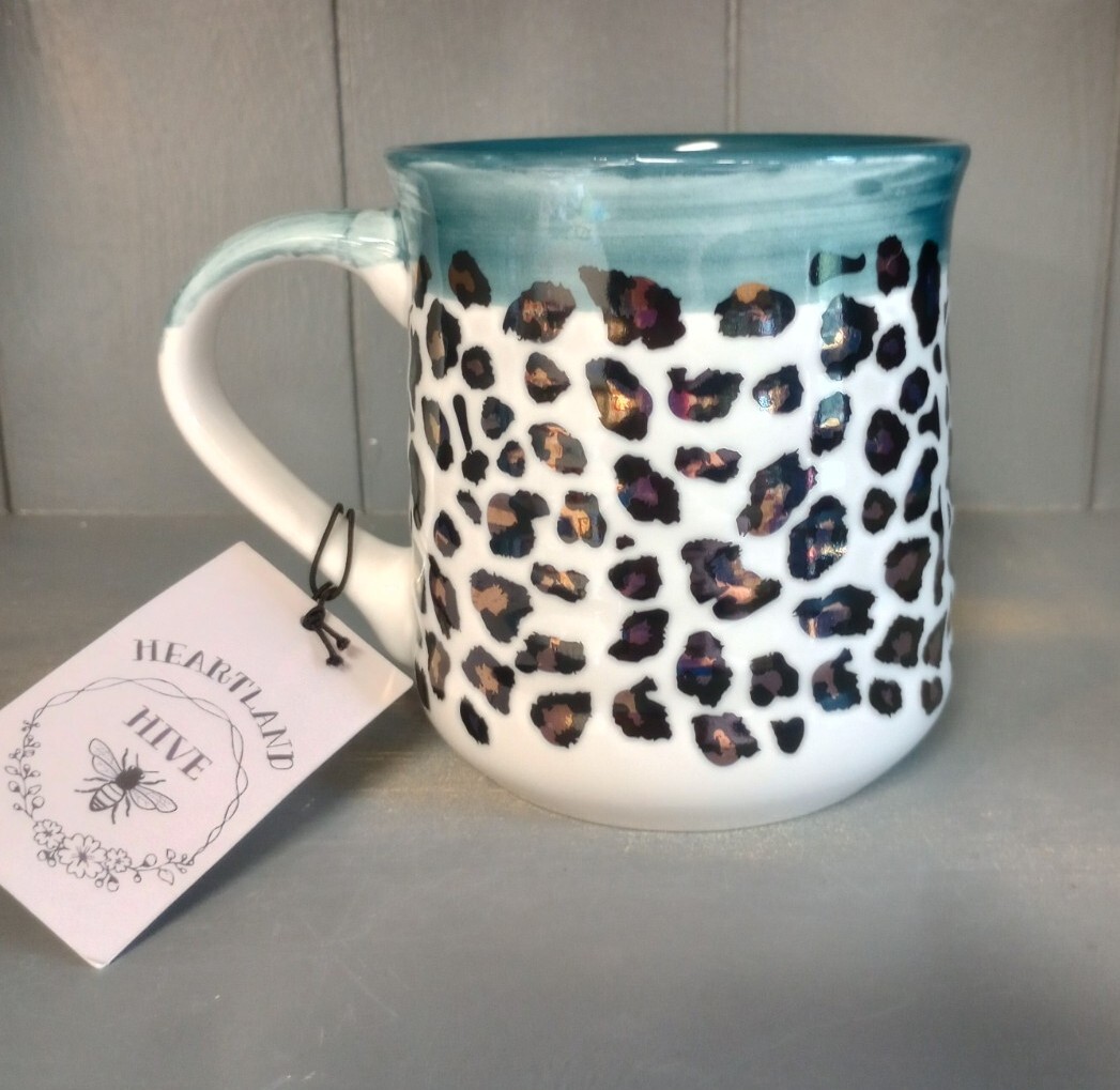 Leopard Print Coffee Mug Heartland Hive New White Dark Teal Shiny Gold Spots