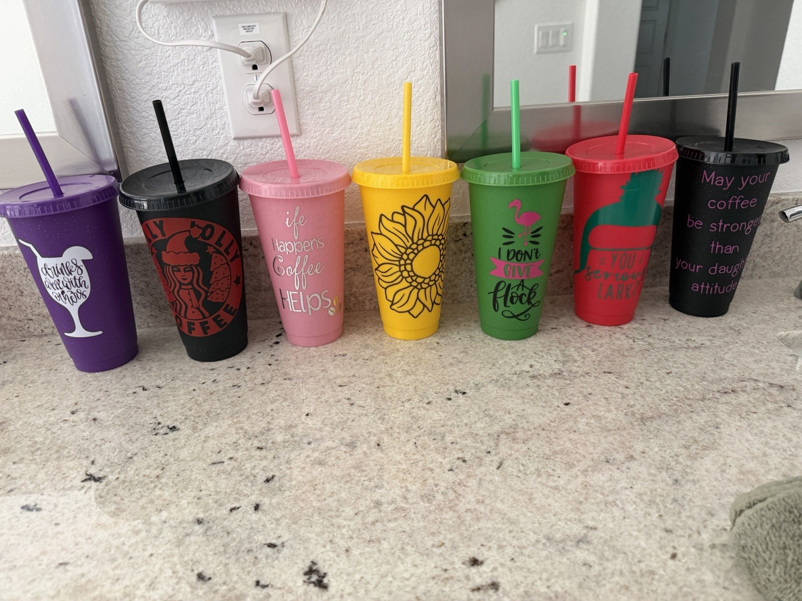 7 New Cups with Straw and Lid Designed Cute Reusable Plastic Tumblers Cute Gift