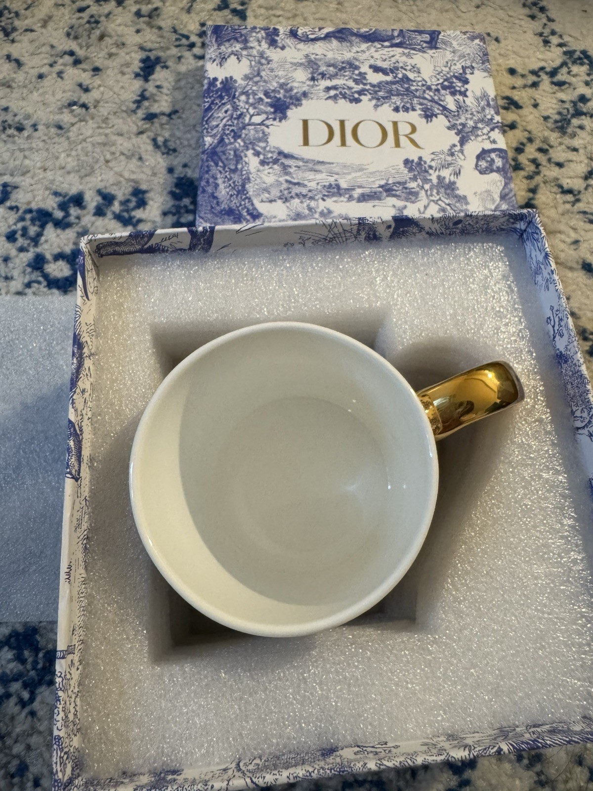 Dior Porcelain Coffee Mug Floral White/Blue Gold Handle Made in France 10.1oz