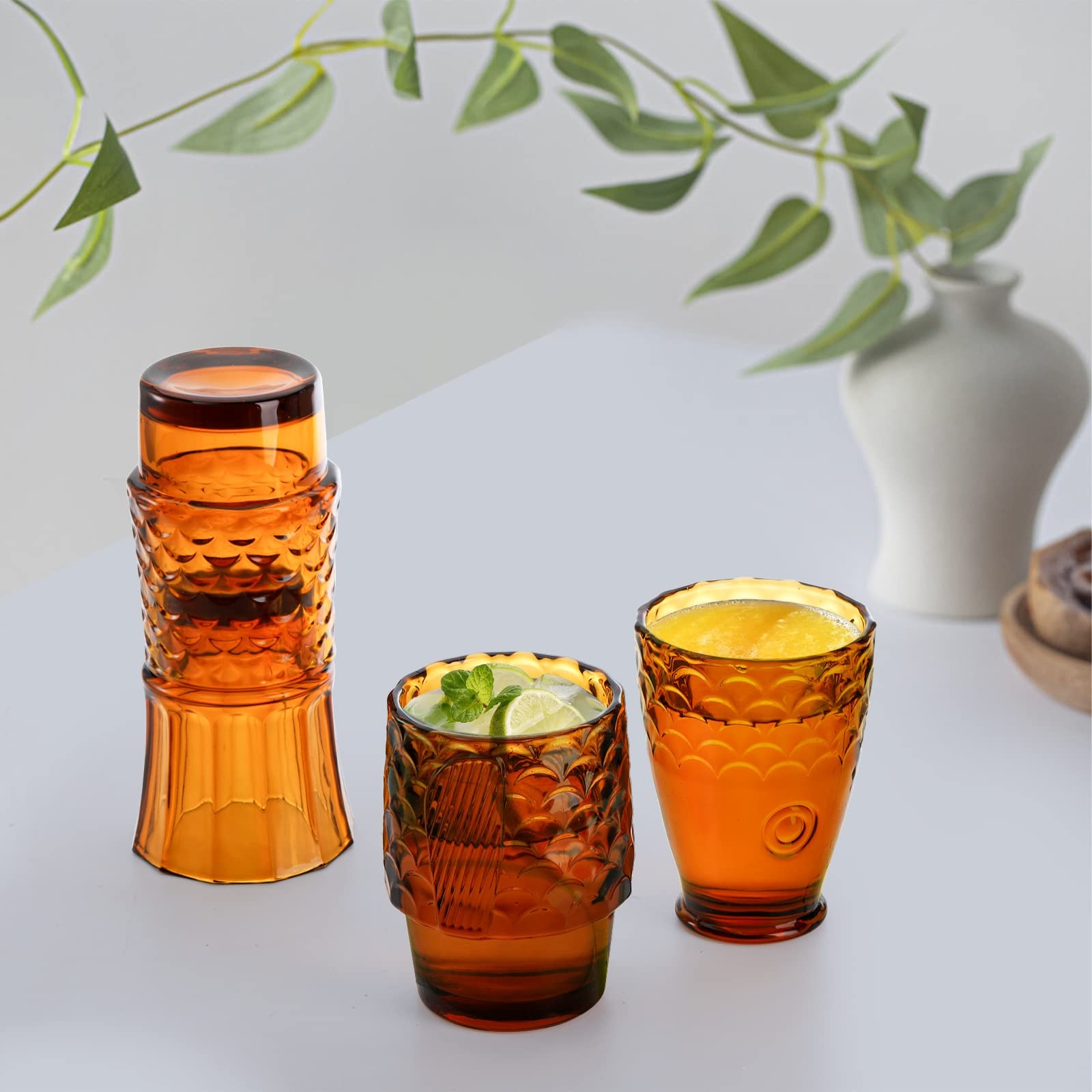 Frcctre Set of 4 Koi Fish Design Drinking Glasses, Stackable Amber Tumbler Gl…