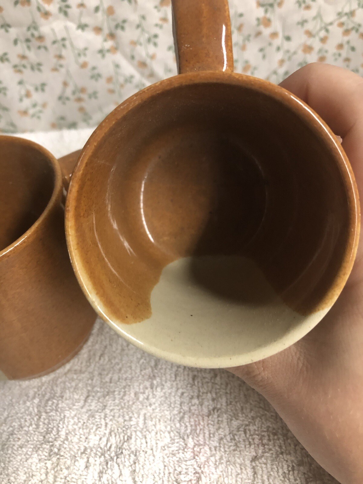 Pair Of Vertical Stripe Brown Tan MCM Coffee Cups Mugs Mid Century Modern READ