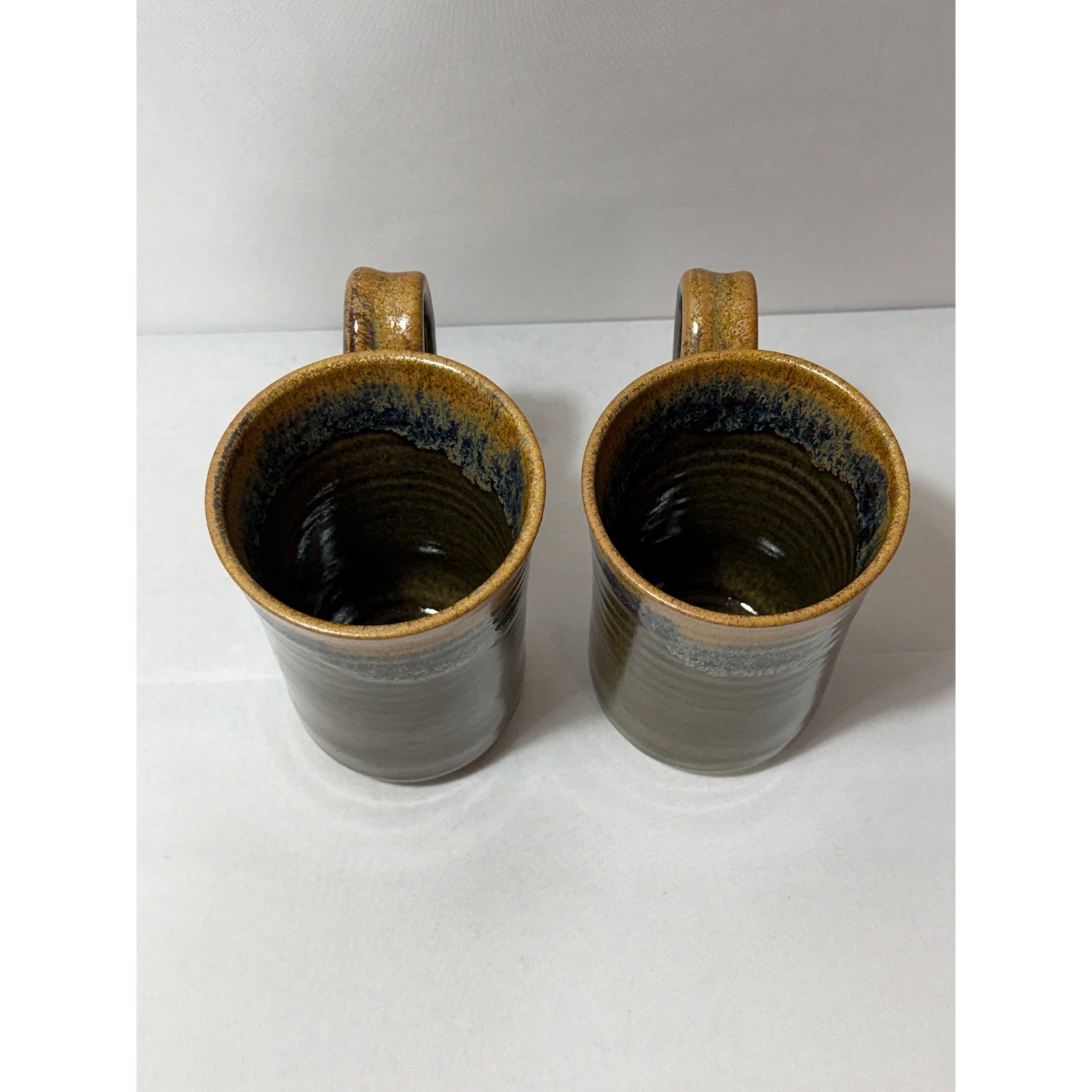 Blue Moon Pottery Studio Stoneware Mugs Set of 2 Drip Glaze Earth Tone Signed
