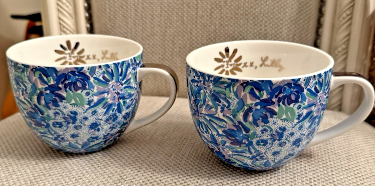 Lilly Pulitzer 2 Ceramic 12oz Coffee Mugs Tea Cups Hidden Lion Blue Purple Gold