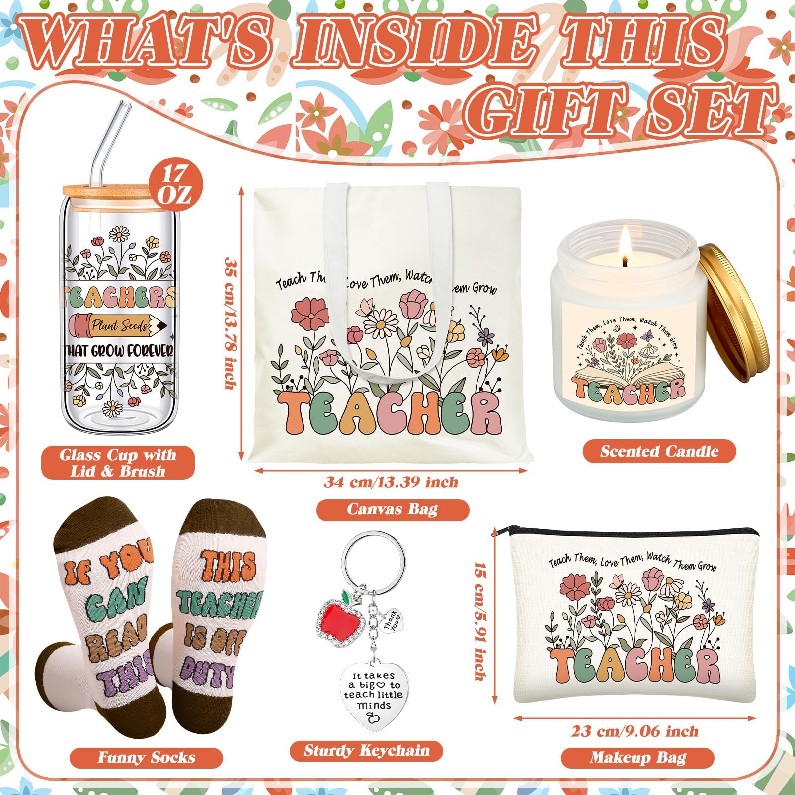 6 Pcs Teacher Gifts Set, 17oz Glass Cup, Tote & Makeup Bag