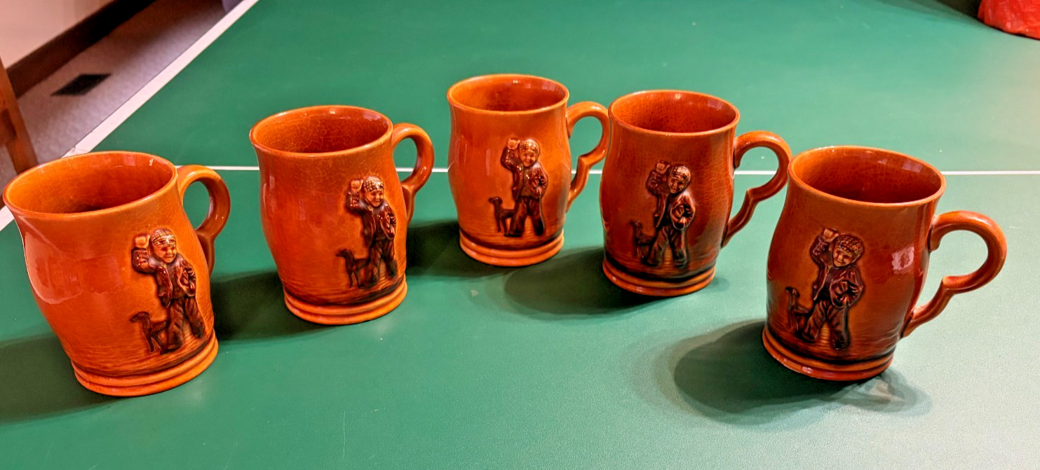 Wade Heath England Relief Mugs – Brown Glaze – Man & Dog Scene – Crackle Set -5