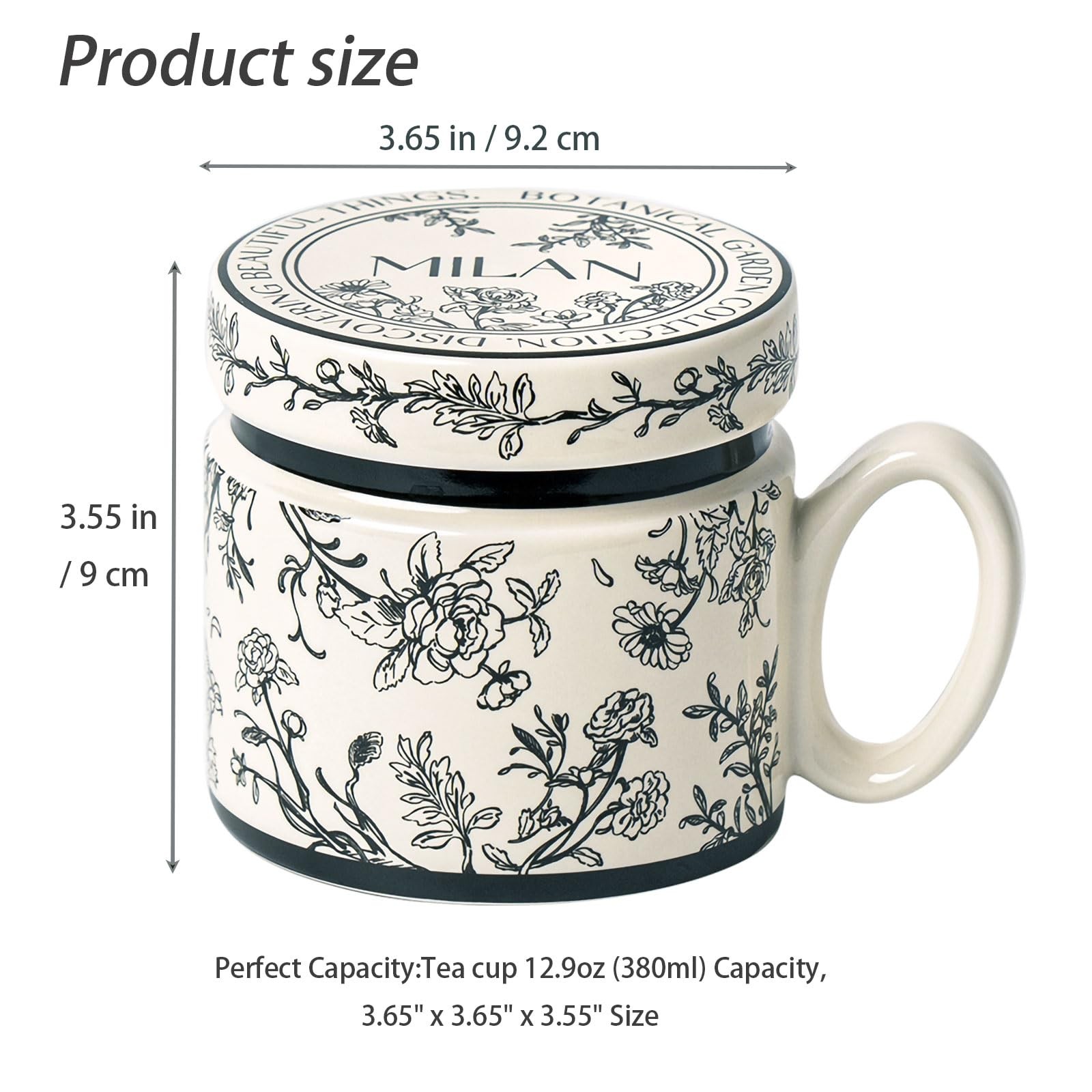 Ceramic Coffee Mug with Lid 12.9oz Flower Pattern Porcelain Tea Latte Black