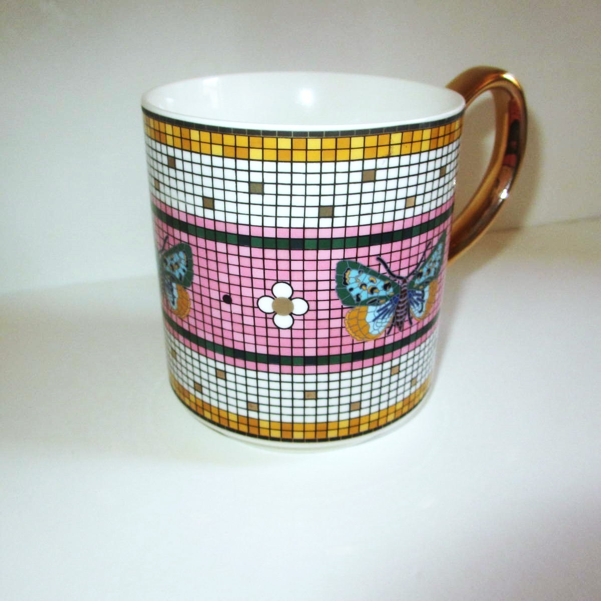 ANTHROPOLOGIE Bistro Tile Mug Butterfly 24K Gold Decaled Glazed Stoneware 14.75