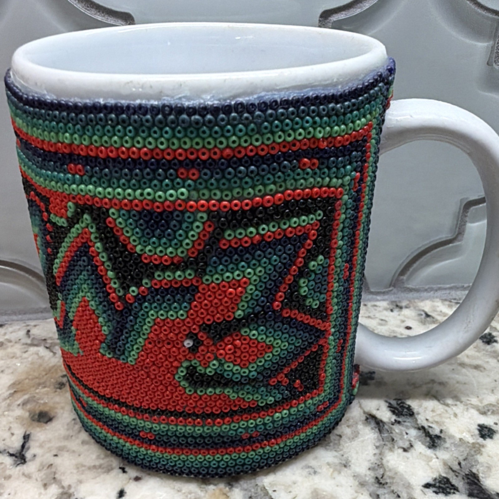 Wixárika (Huichol) Multicolor Beaded Decorated Round Ceramic Coffee Mug