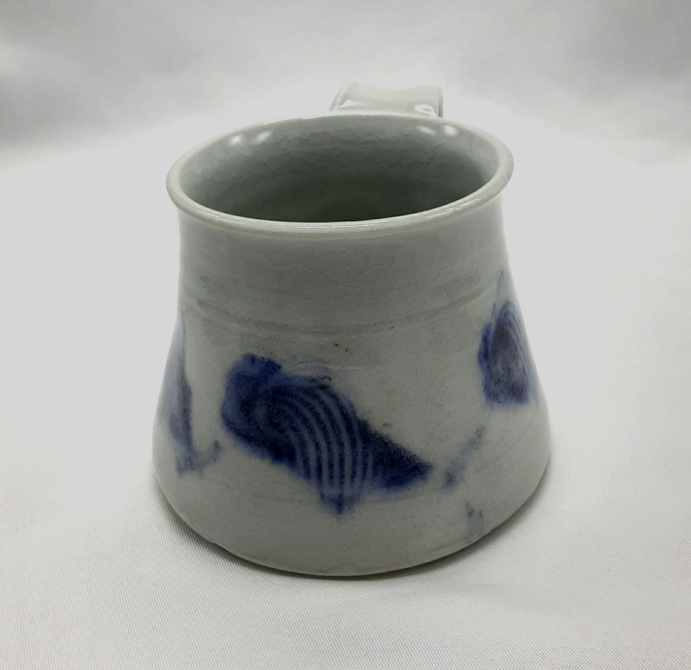 Small Blue & Light Gray Abstract Koi Fish Art Pottery Tea Cup Coffee Mug Signed
