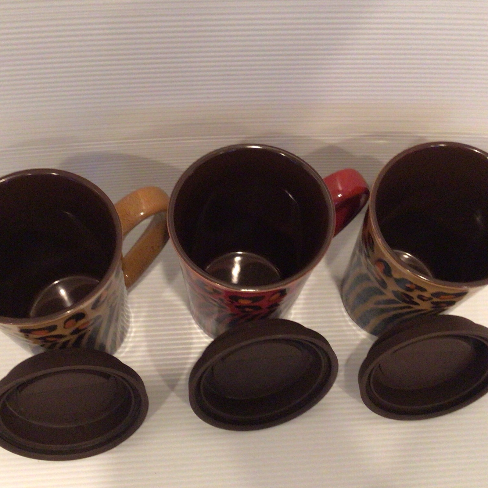Coffee Mugs, Lids Set/3 15oz Ceramic Animal Print Zebra Leopard Nature Home READ