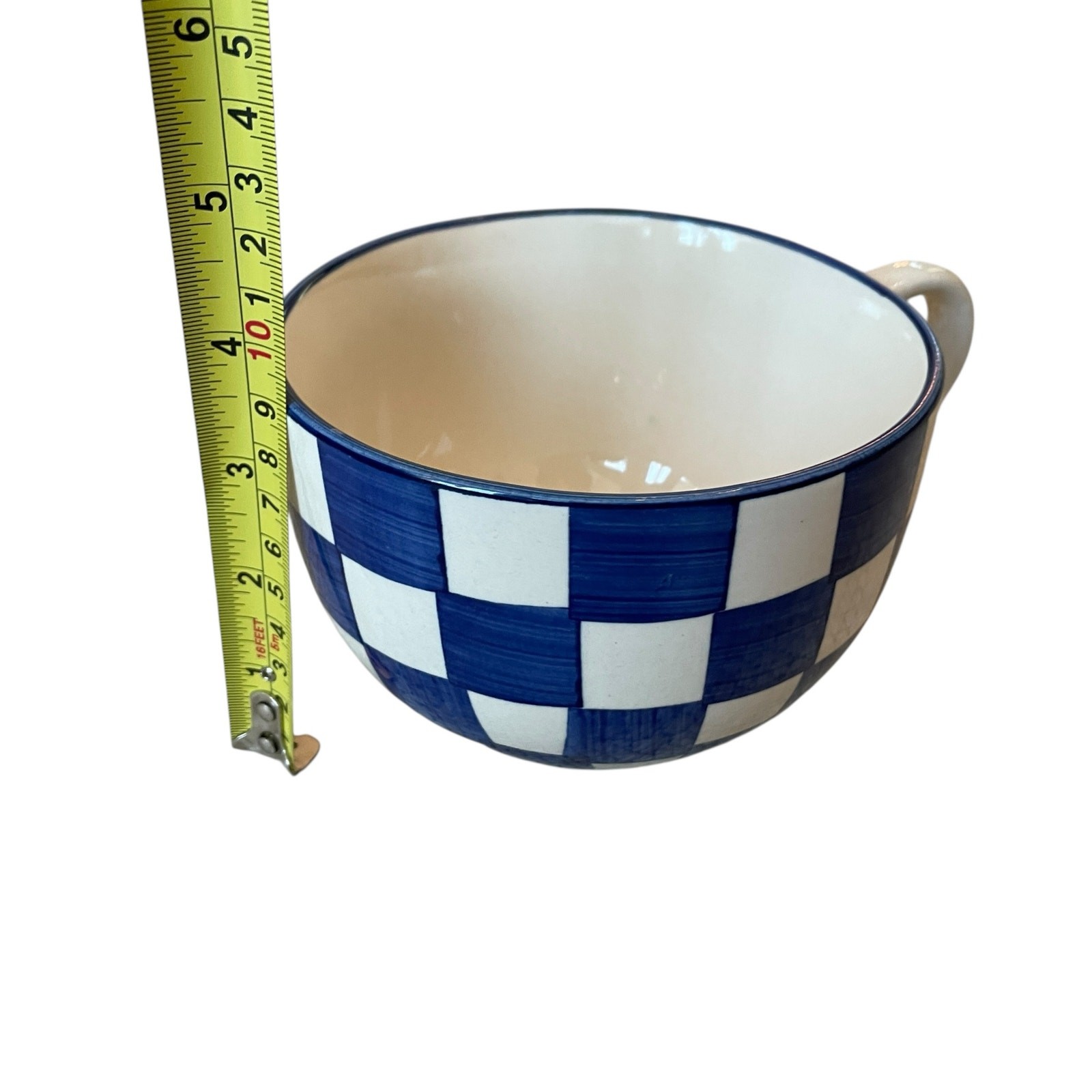 Hand Painted Checkered Soup Mugs 5.5in Ceramic Made in India Blue White Set of 2