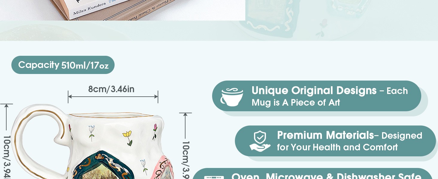 Large Ceramic Coffee Mug, Pretty Flower Cup with Big Handle, Funny Cute Tea