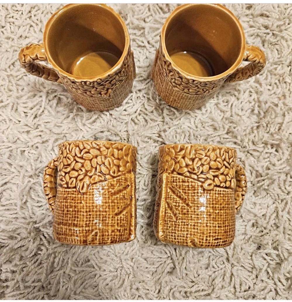 Ceramic Coffee 4 Piece Mug Set Brown Coffee Bean Pattern Four-Piece Round