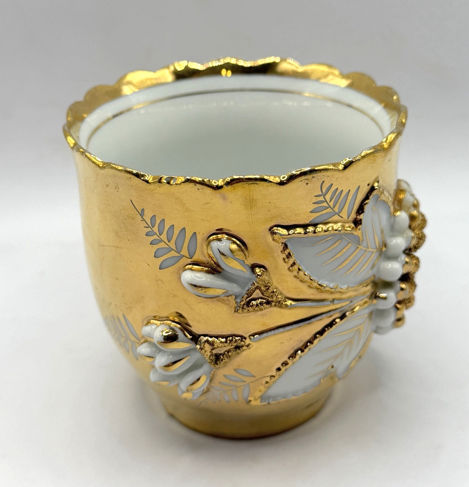 ANTIQUE ART DECO GERMAN 3D COFFEE TEA CUP & SAUCER GOLD FLORAL FLOWERS & LEAVES