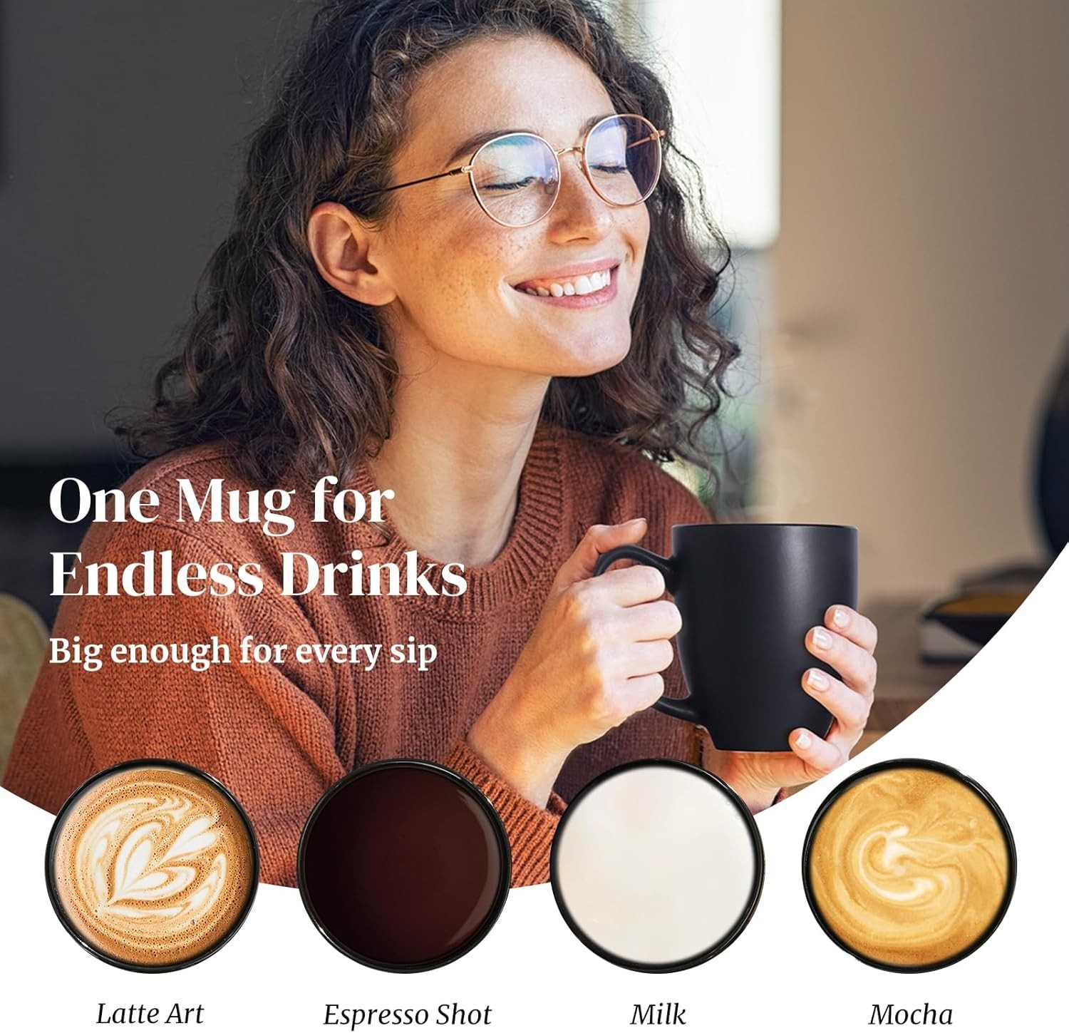 Elegant Black Ceramic Coffee Mugs, 16 oz, Set of 6