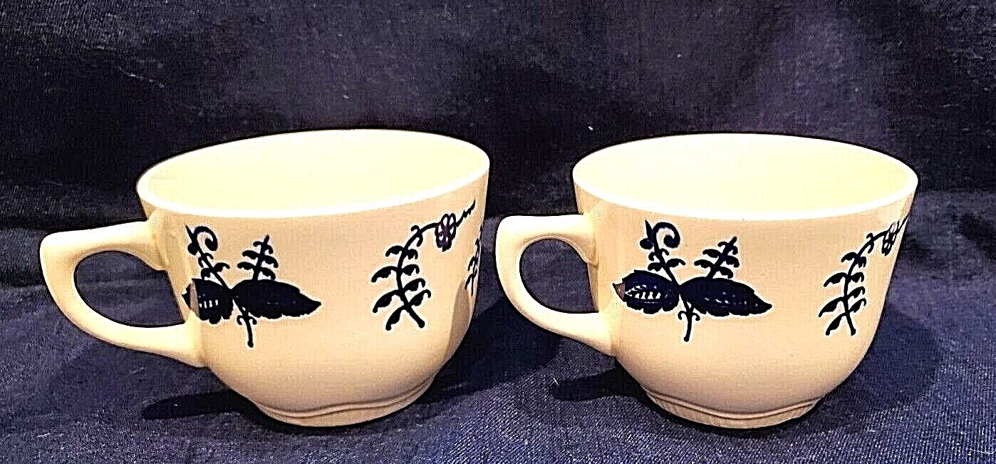 Stoneware Coffee Cups USA Vintage Deep Blue Flowers Pair 8 fl oz