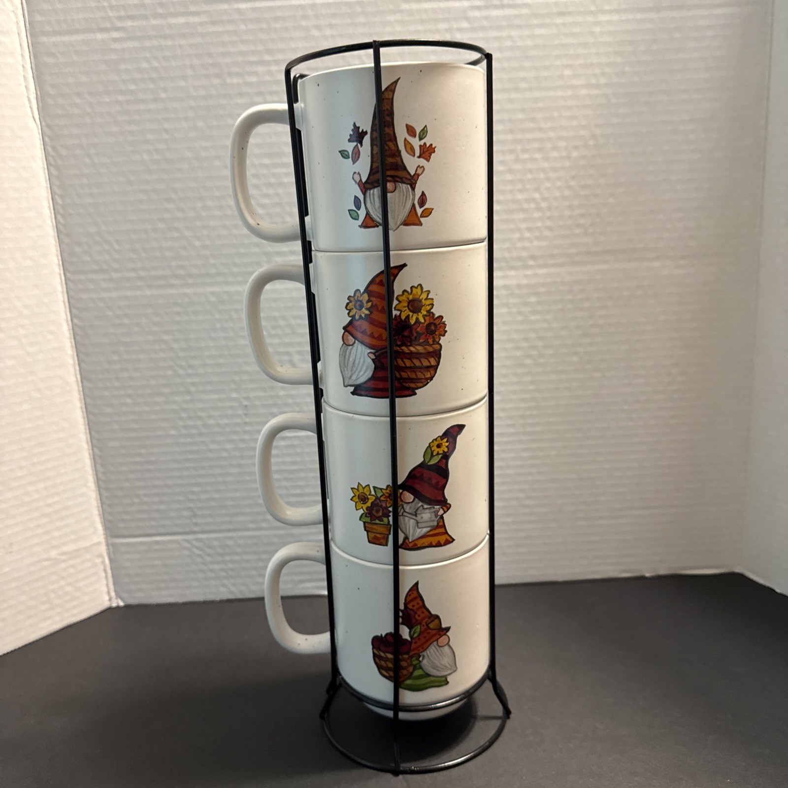 Sheffield Home Fall Gnome Stacking Mug Set of 4 with Metal Rack Ceramic Autumn