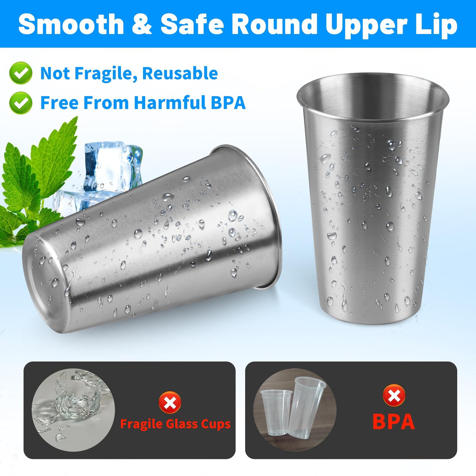 16 Pack 16oz Stainless Steel Pint Cups, Stackable Reusable Tumblers 16