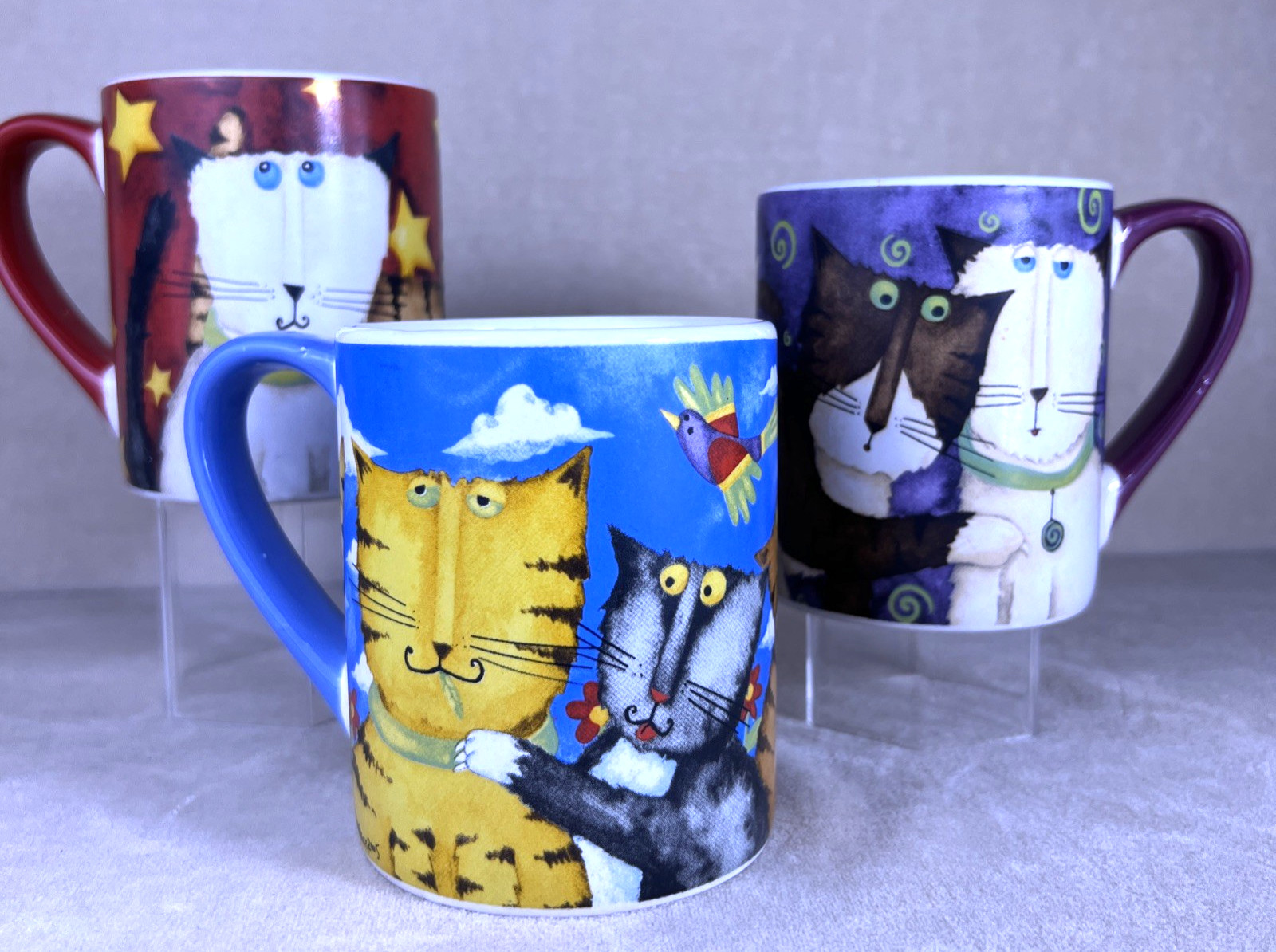 Gibson Debi Hron Cat Mugs Ceramic Set of 3 Whimsical Quirky Kitten Preloved
