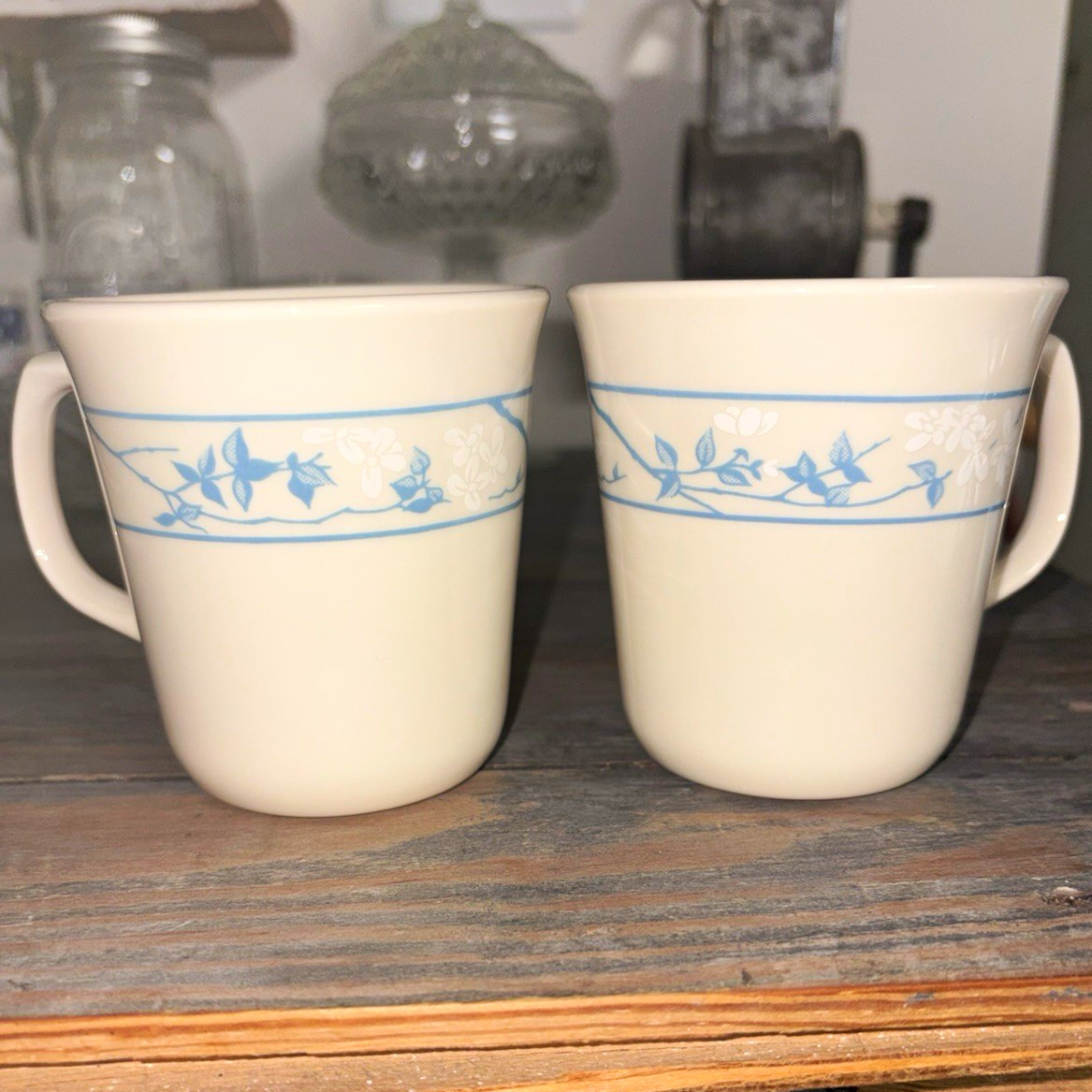 Set of 2 Ceramic Coffee Mugs 8 fl oz White/Blue Bird Floral Band Decor