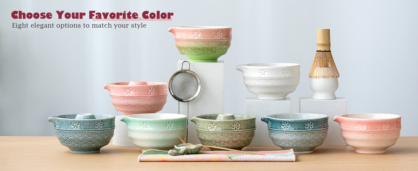 Matcha Tea Set, 8 Pcs Japanese Matcha Kit with Cherry Blossom and Wave