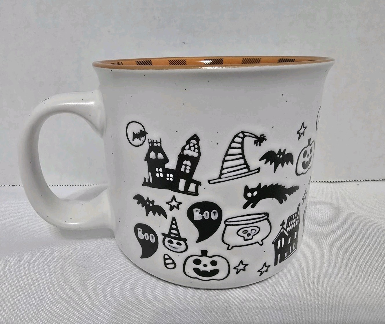 Halloween Coffe Mug Trick Or Treat Witch Hat Bats BOO Black Cats Orange Cup