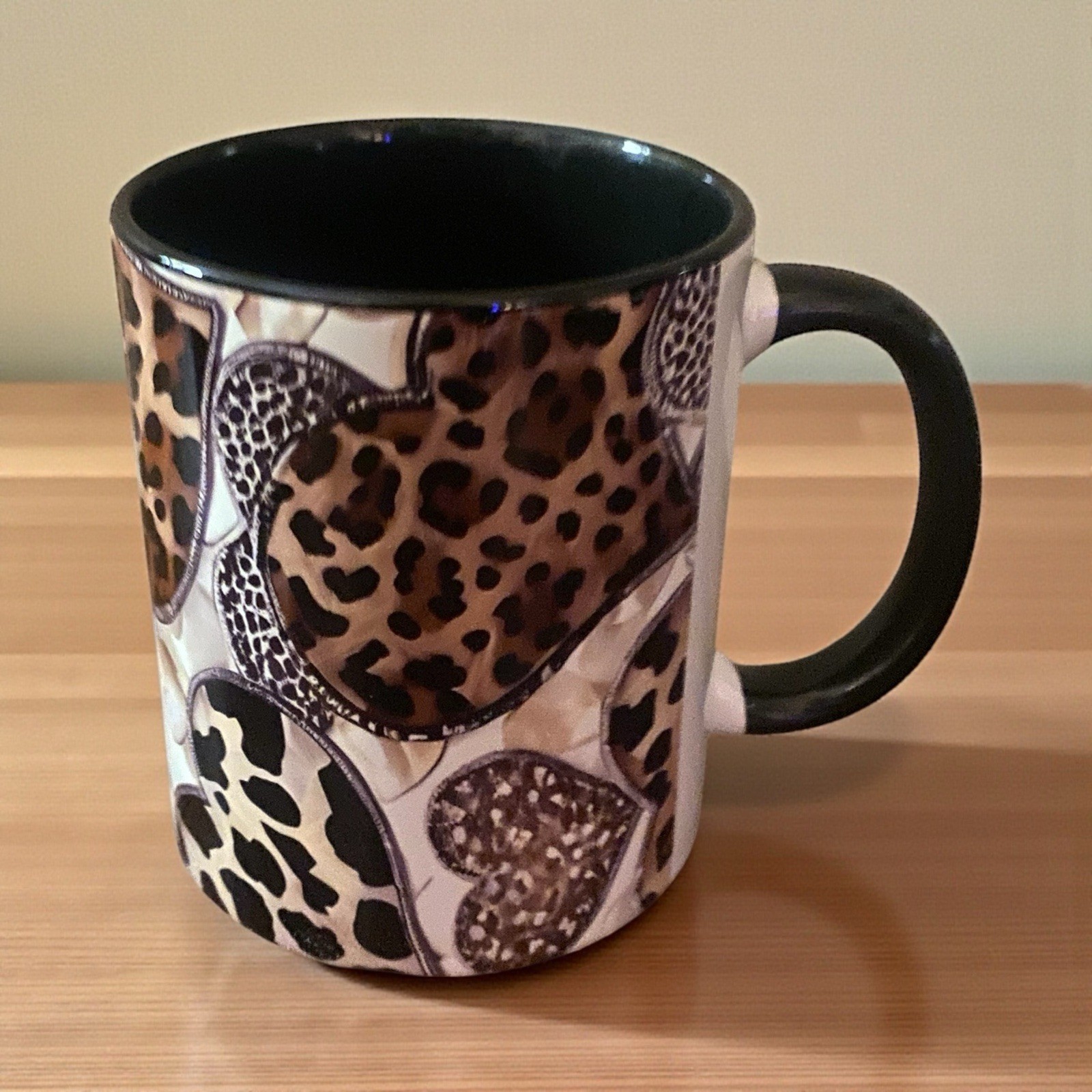 Valentines Day Coffee Mug 11 Oz. New Hearts Leopard Print Black Cup Ceramic