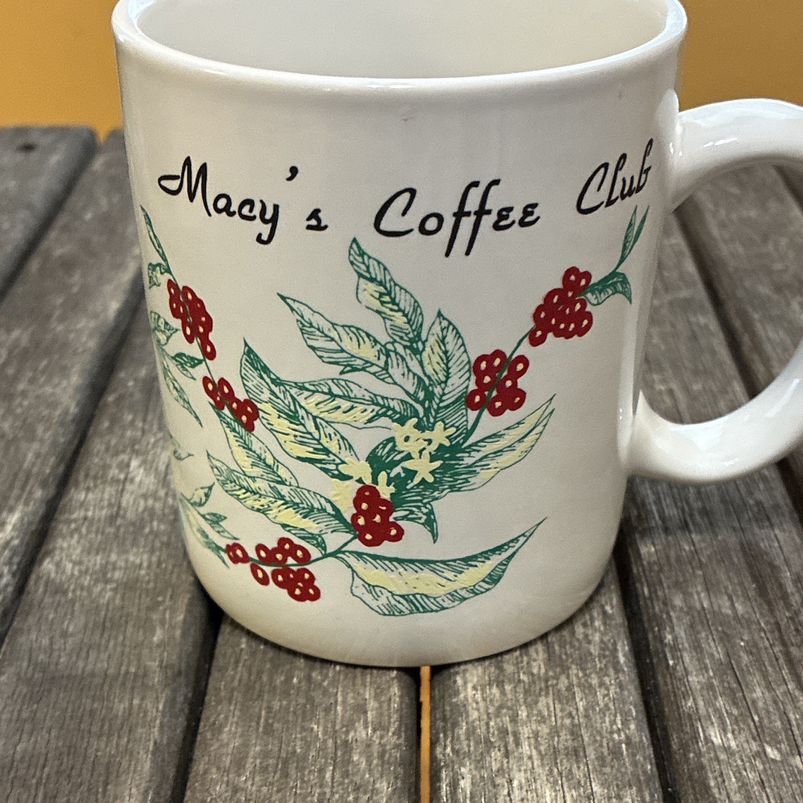 Macy’s Coffee Club Ceramic Coffee Mug 12 fl oz White Floral Holly Berry Design