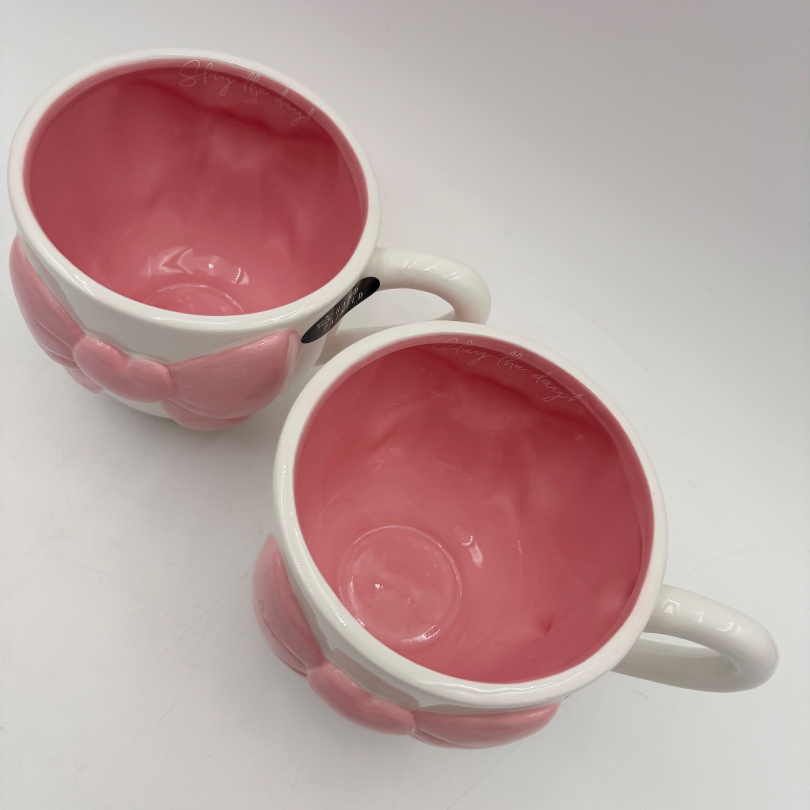 Slay The Day Pink Bow Heart Ceramic Coffee Mugs Set of 2 White Pink Hand Painted