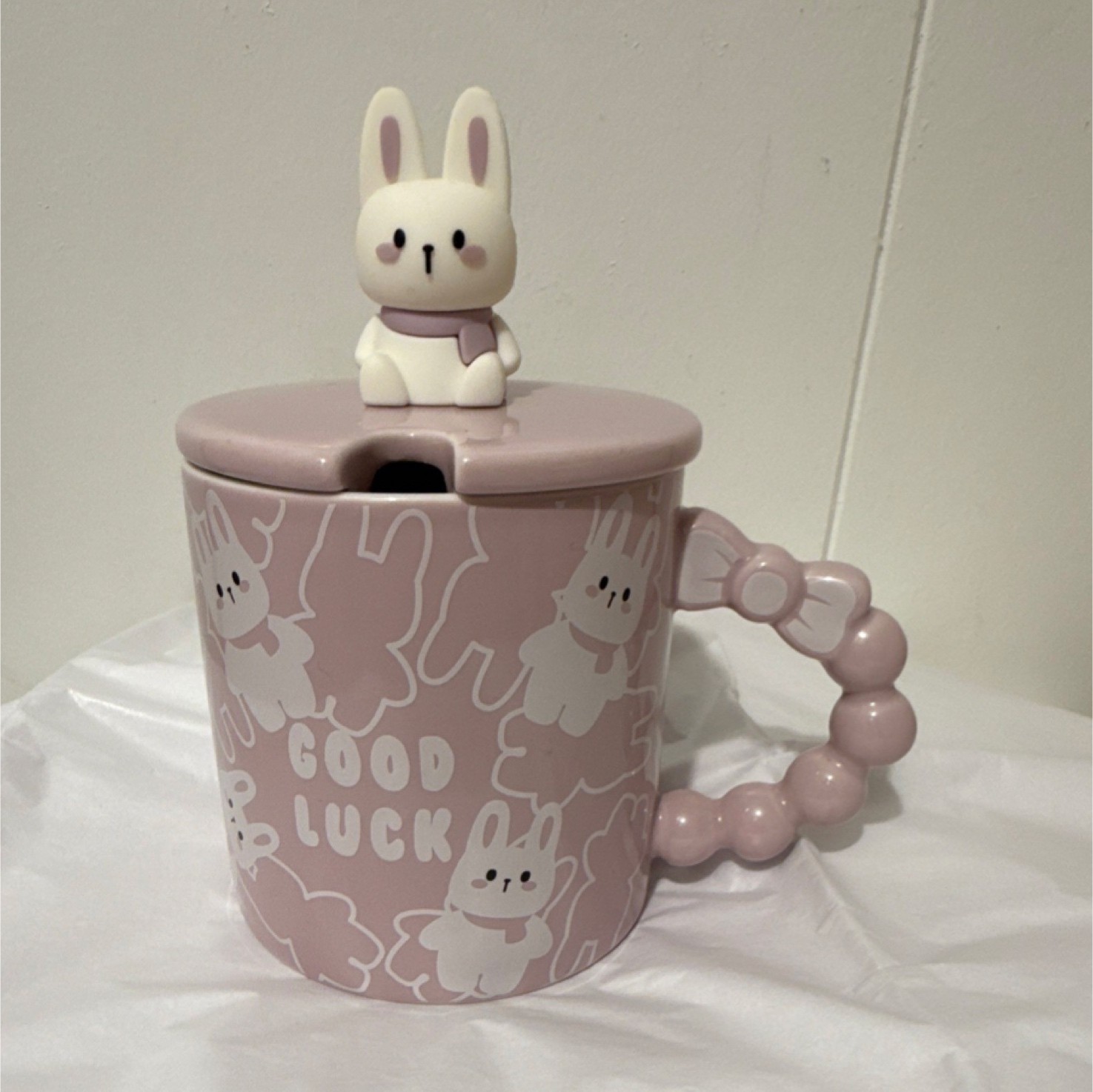 Cartoon Bunny Pink Ceramic Coffee Mug Set Three-Piece with Lid Spoon PC47-2