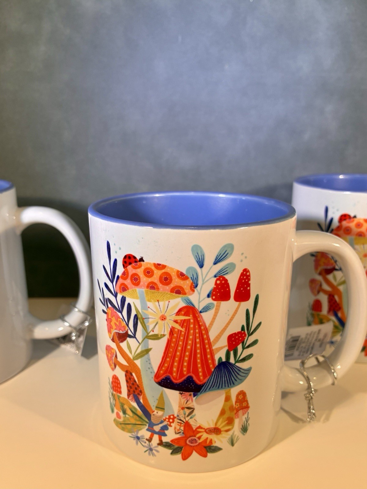 Midwest Gift 12 oz Mushroom Ceramic Coffee Mugs Set of 3 Gnome on Back NWT