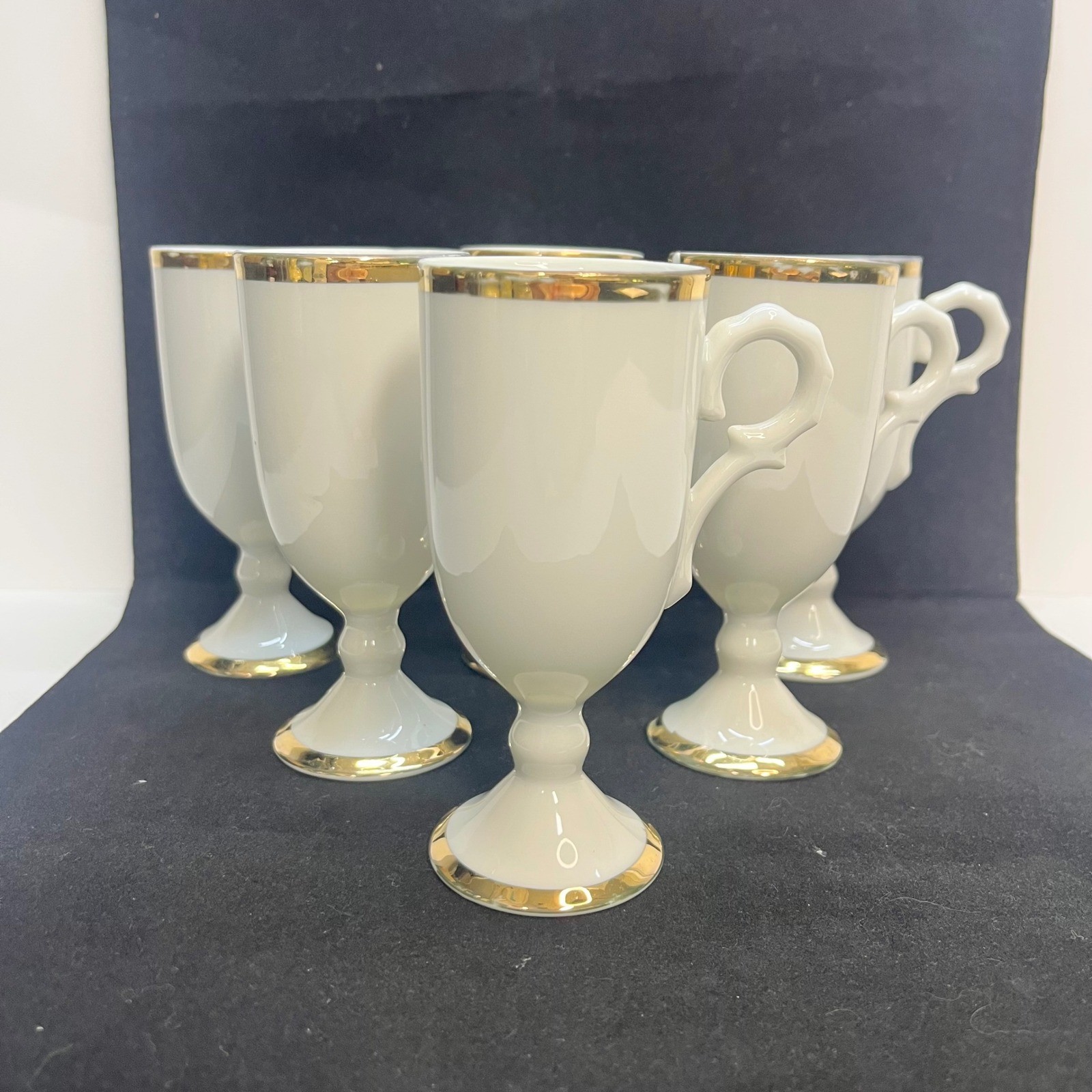 VTG White Porcelain Footed Irish Coffee Mugs Gold Trim Set of 6 Pedestal Cups