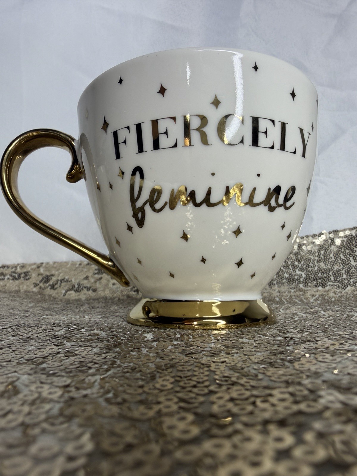 Nanette Lepore Fiercely Feminine Porcelain Coffee Mug White Gold Decorated