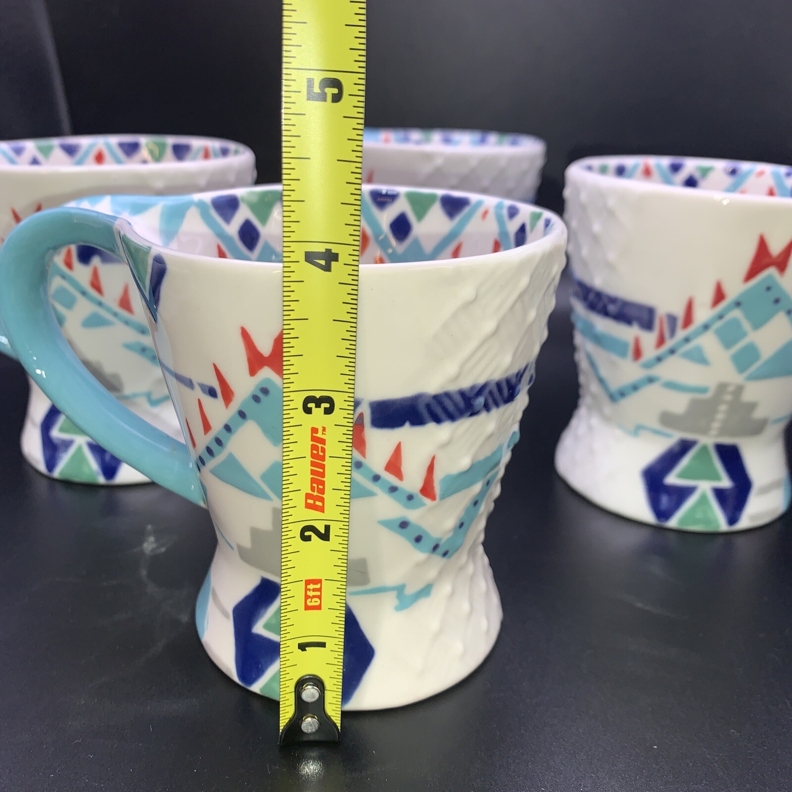 Set Of 4 Aztec Print Hand Painted Footed Coffee Mugs Tribal VShaped Unbranded