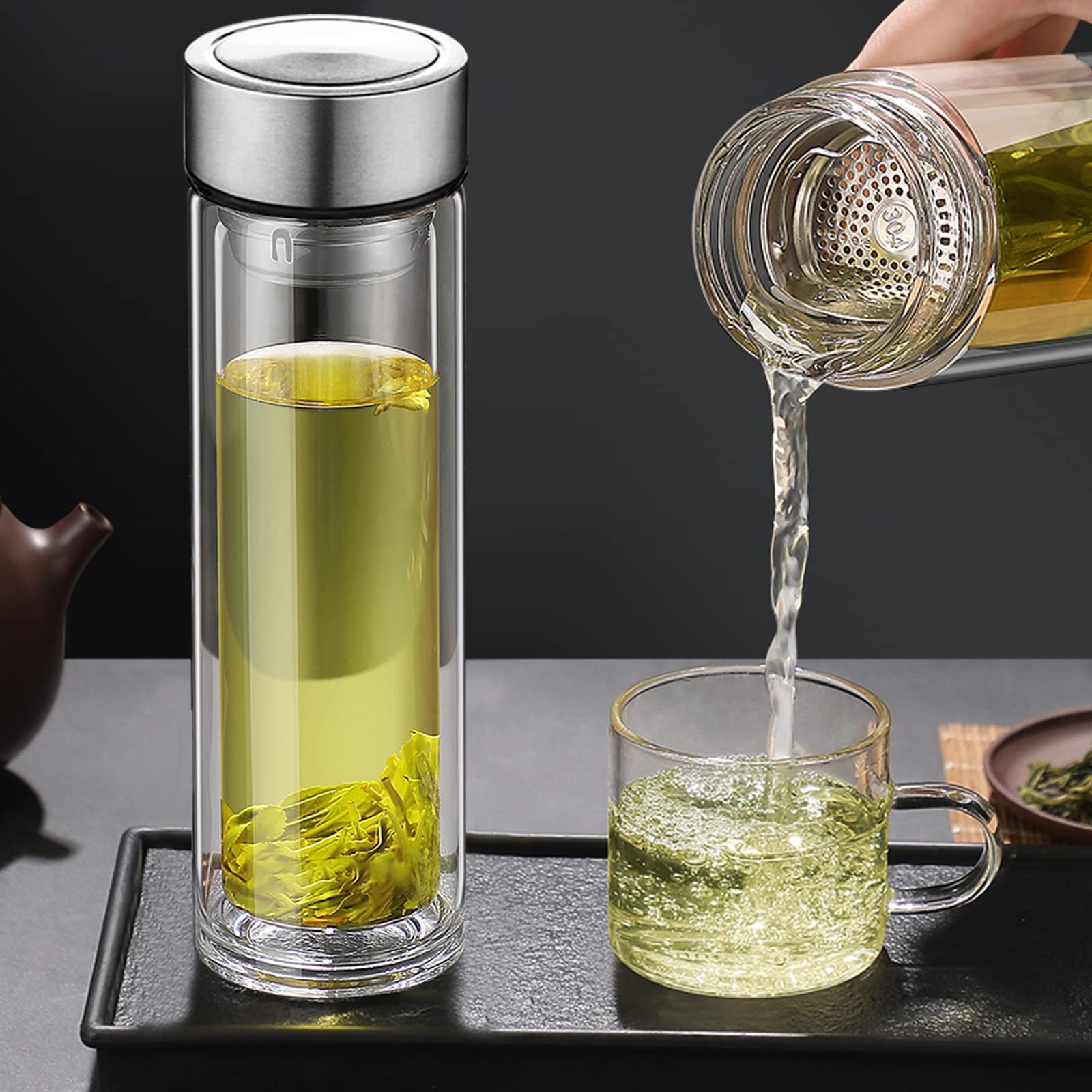 Tea Infuser Bottle Tea Flood Cup 12oz/350ml, Double Wall Borosilicate Portabl