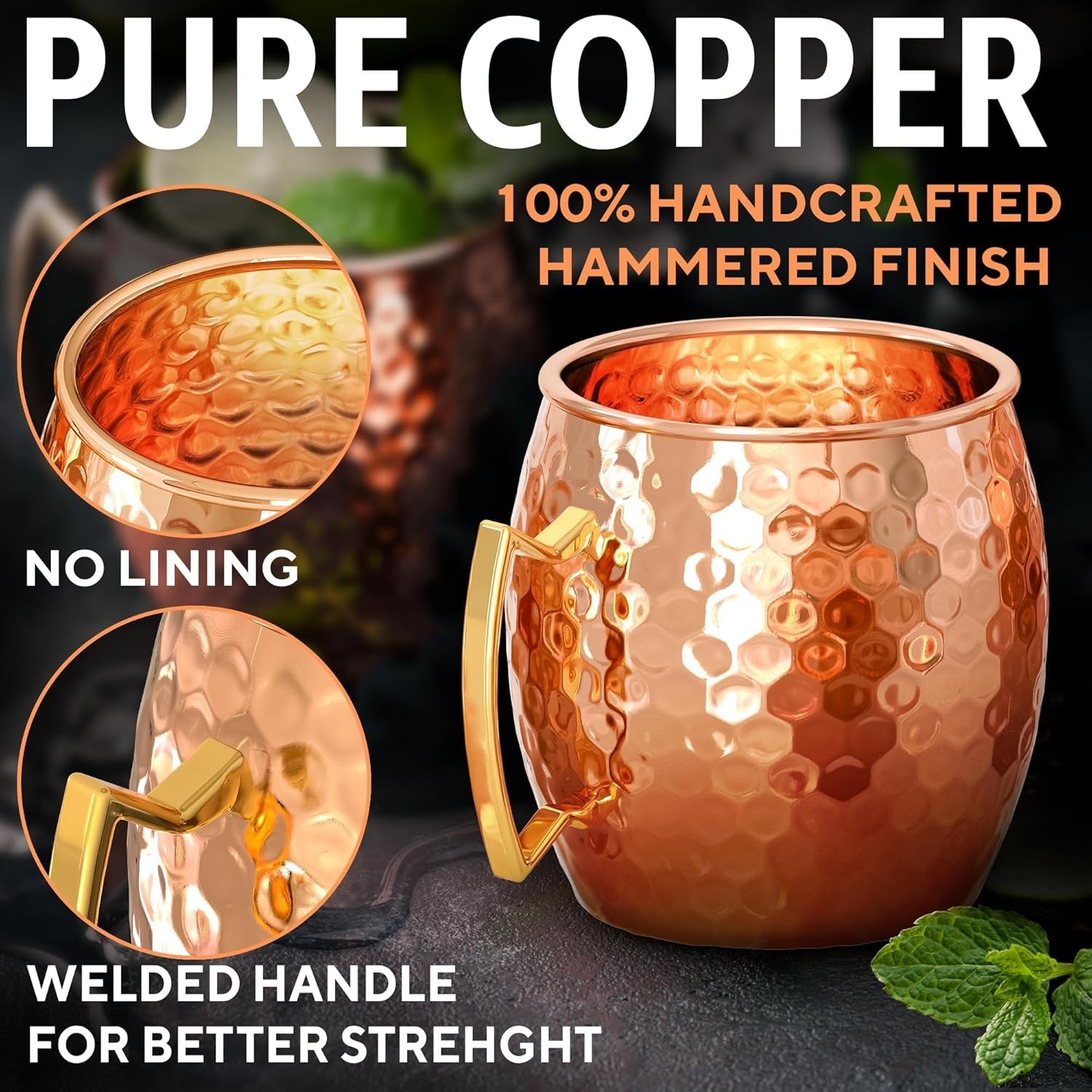 Moscow Mule Mugs – Set of 4-100% Pure Copper Mugs Large 16 oz – Food Safe – …