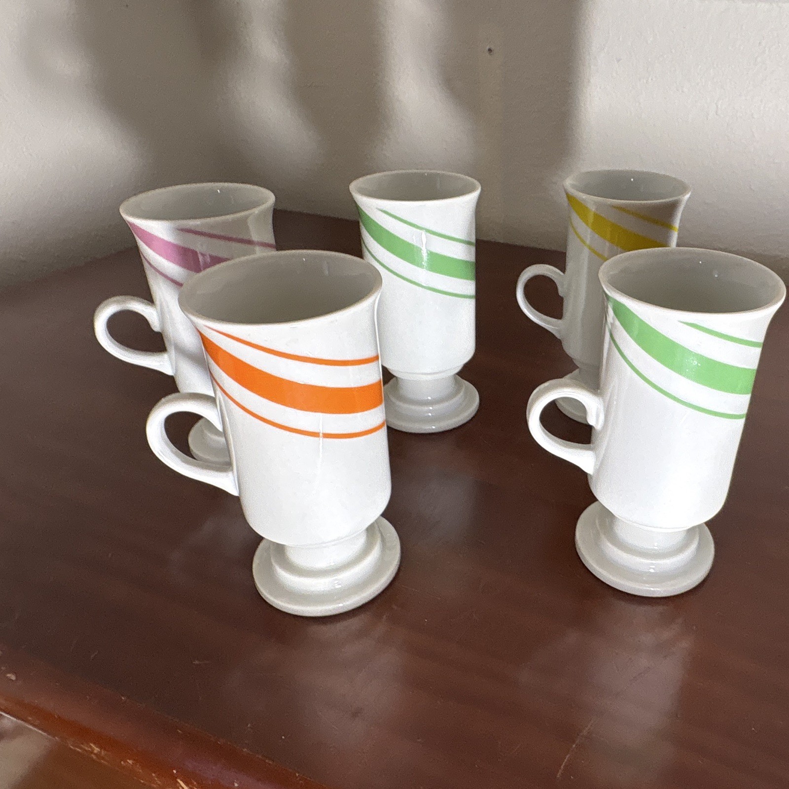 5pc Ceramic 8 fl oz White Pedestal Coffee Mug Set, Colorful Striped Bands
