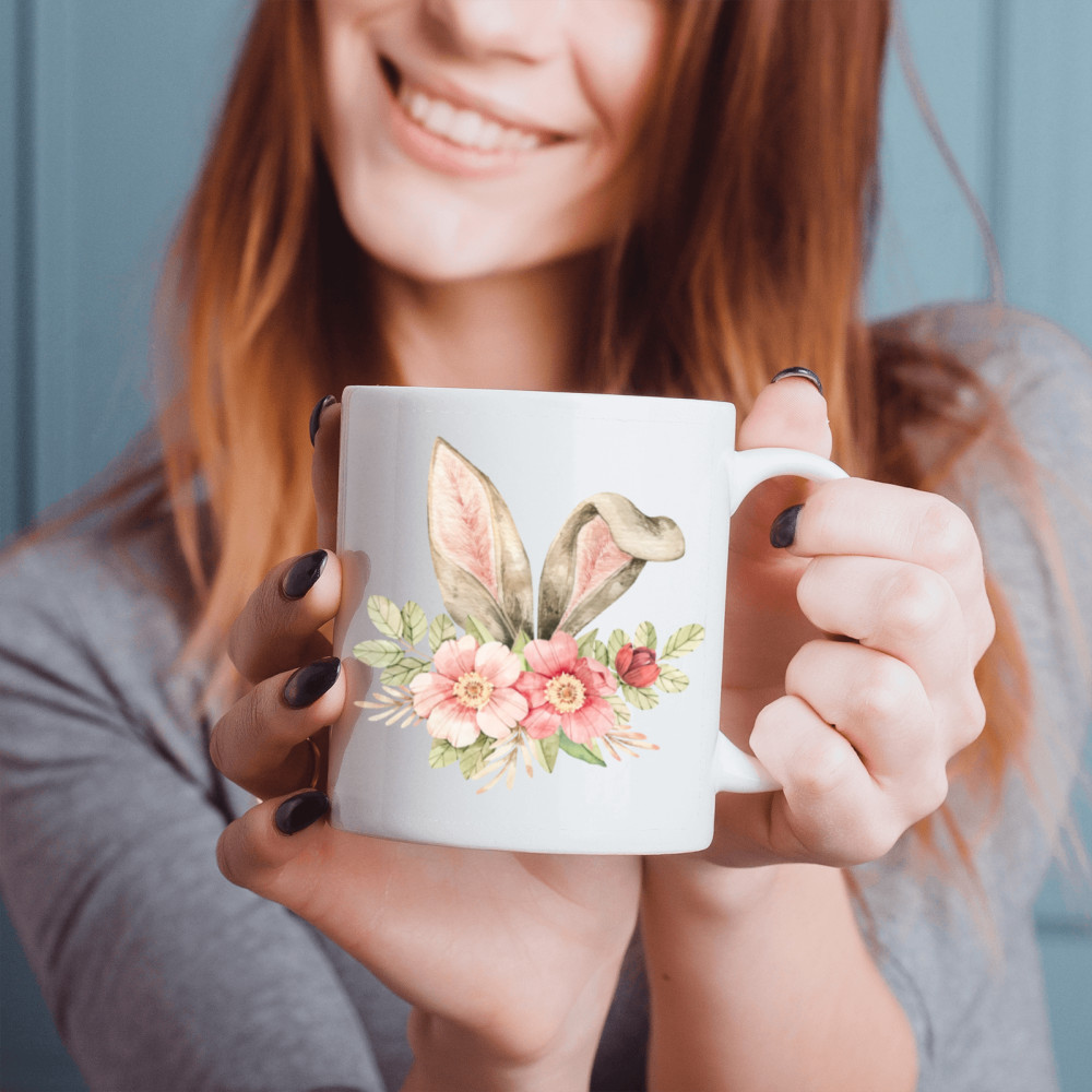 11 oz, 2 Sides Rabbit Ears and Flowers Pink Handle Mug – Happy Easter Mug