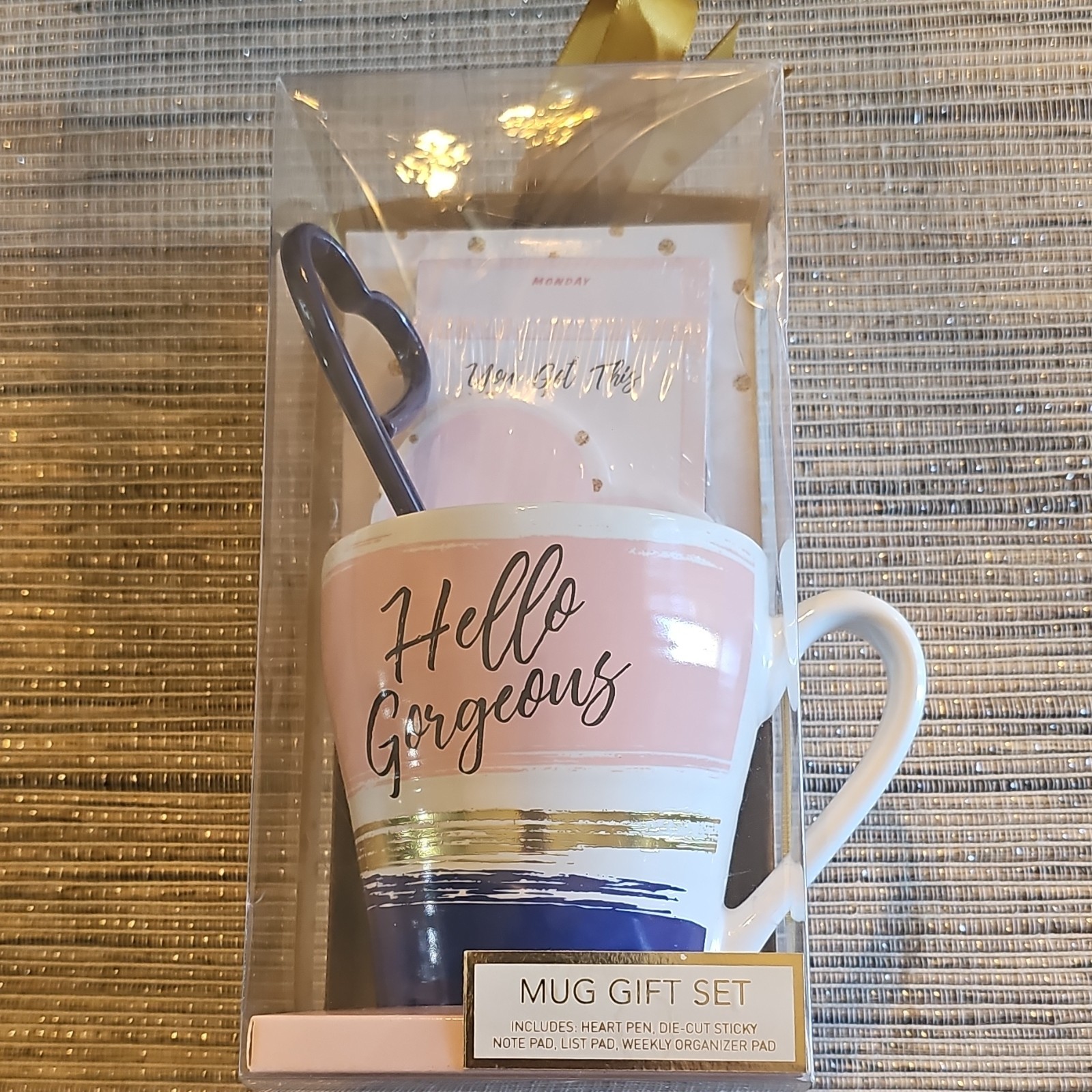Hello Gorgeous Four-Piece Mug Set – Ceramic Mug, Heart Pen, Notepads, Pink/Gold